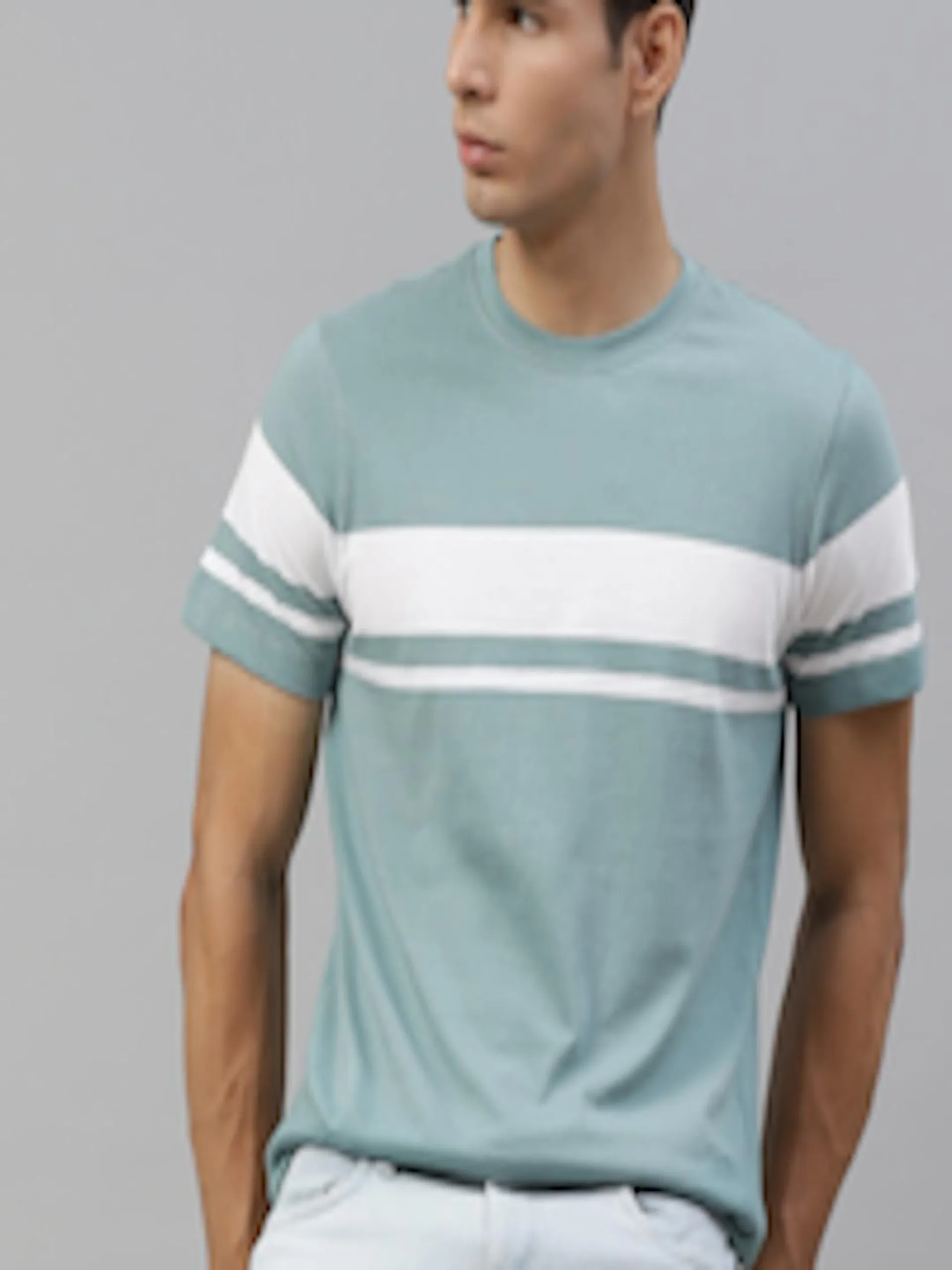 The Lifestyle Co Men Blue & White Striped Pure Cotton T-shirt