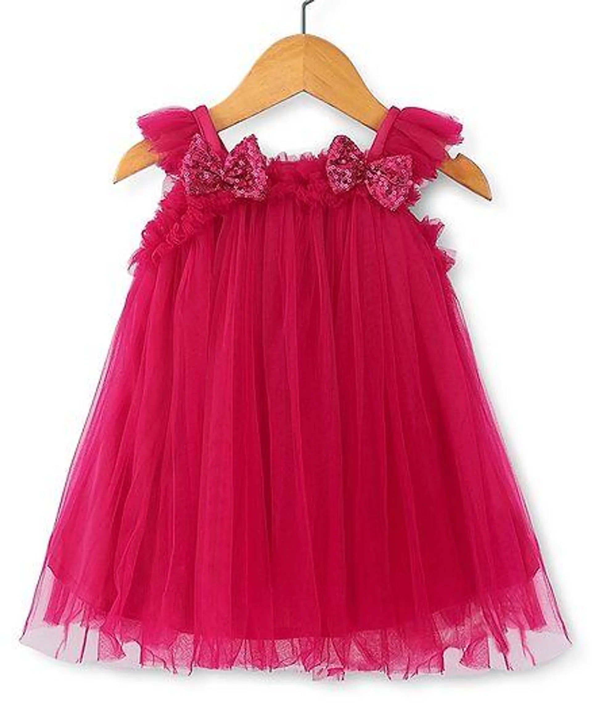 Babyhug Sleeveless Bow with Sequins Detailing Aline Mesh Party Frock - Dark Pink