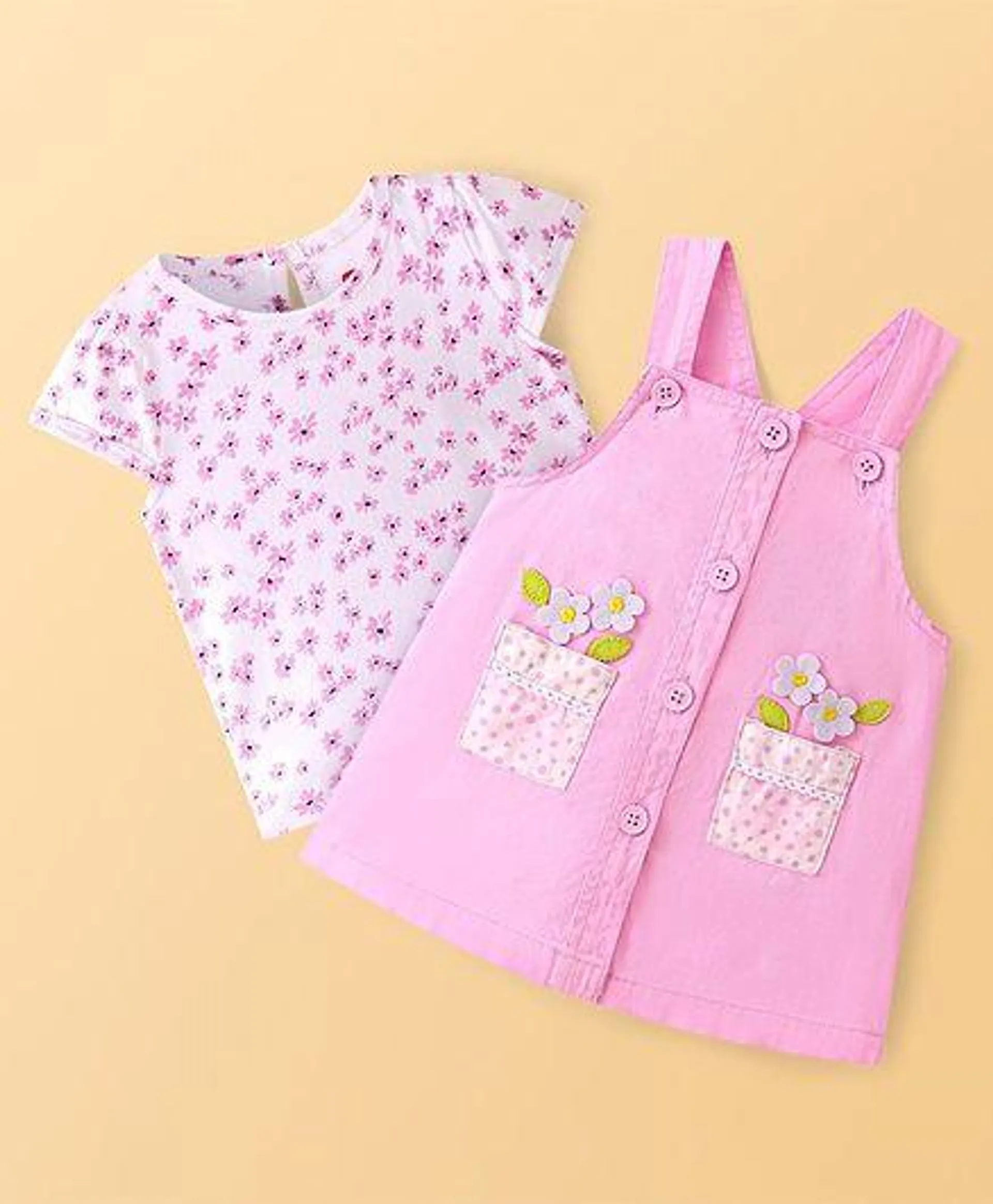 Babyhug 100% Cotton Woven Frock with Half Sleeves Inner T-Shirt Floral Embroidery - Pink