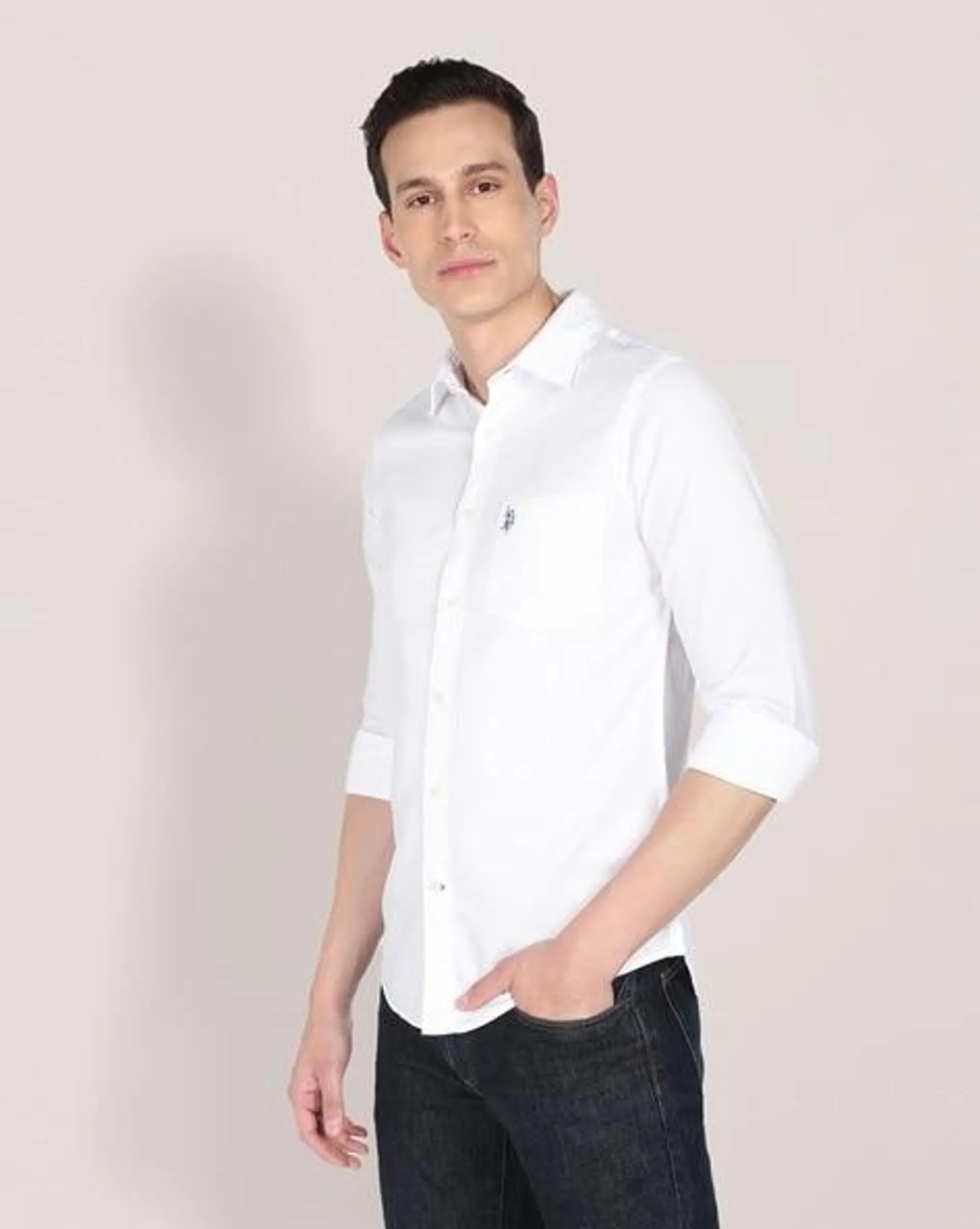 Cut-Away Collar Patched-Pocket Shirt