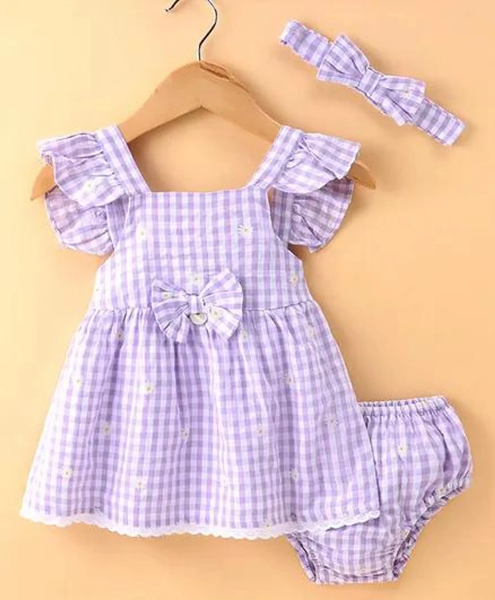 ToffyHouse 100% Woven Cotton Frill Sleeves Yarn Dyed Checks Frock with Panty & Headband - Mauve