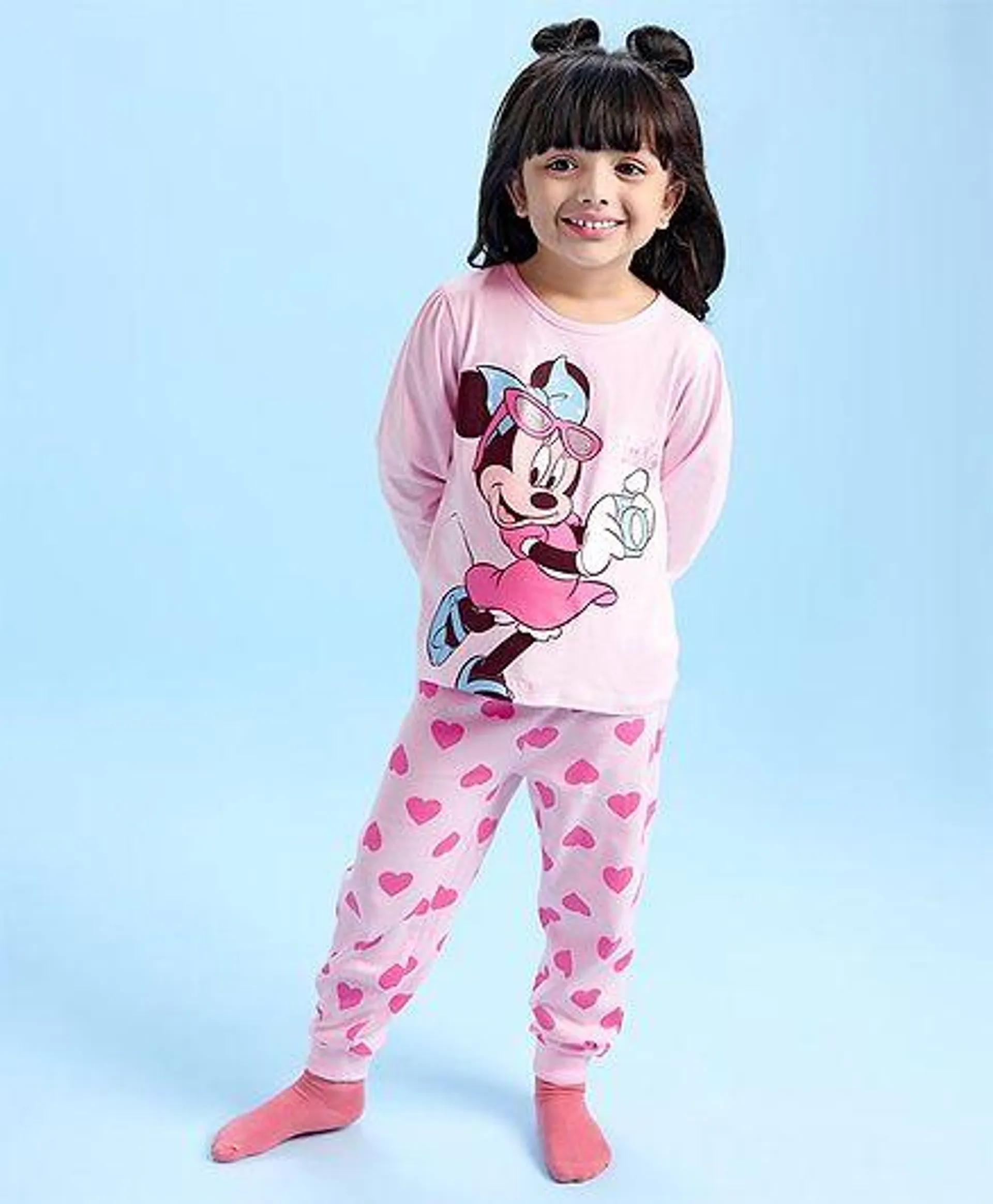 Babyhug Disney Cotton Knit Full Sleeve Night Suit With Minnie Mouse Graphics - Pink