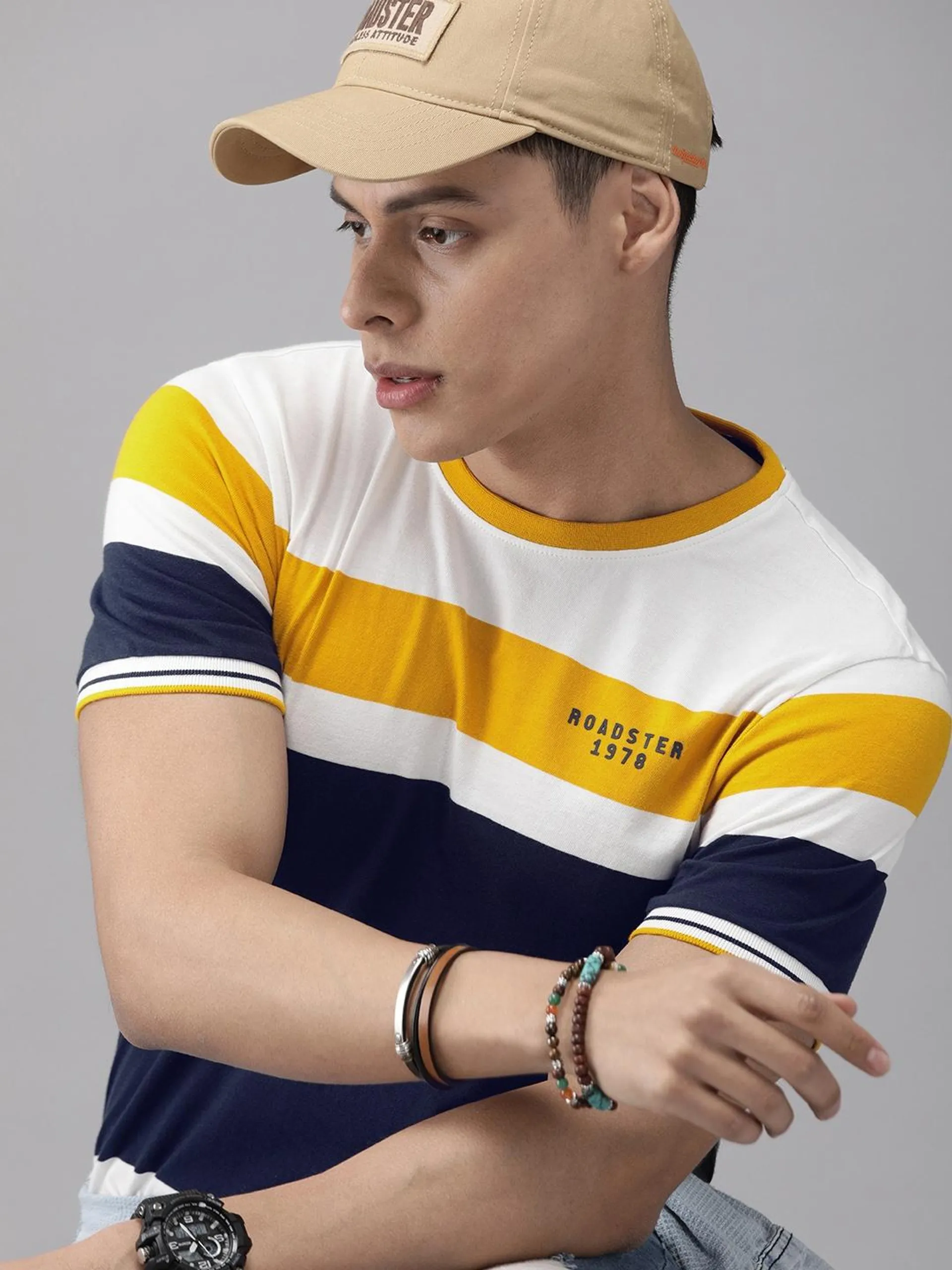 Men White Mustard Yellow Colourblocked Round Neck Pure Cotton T-shirt