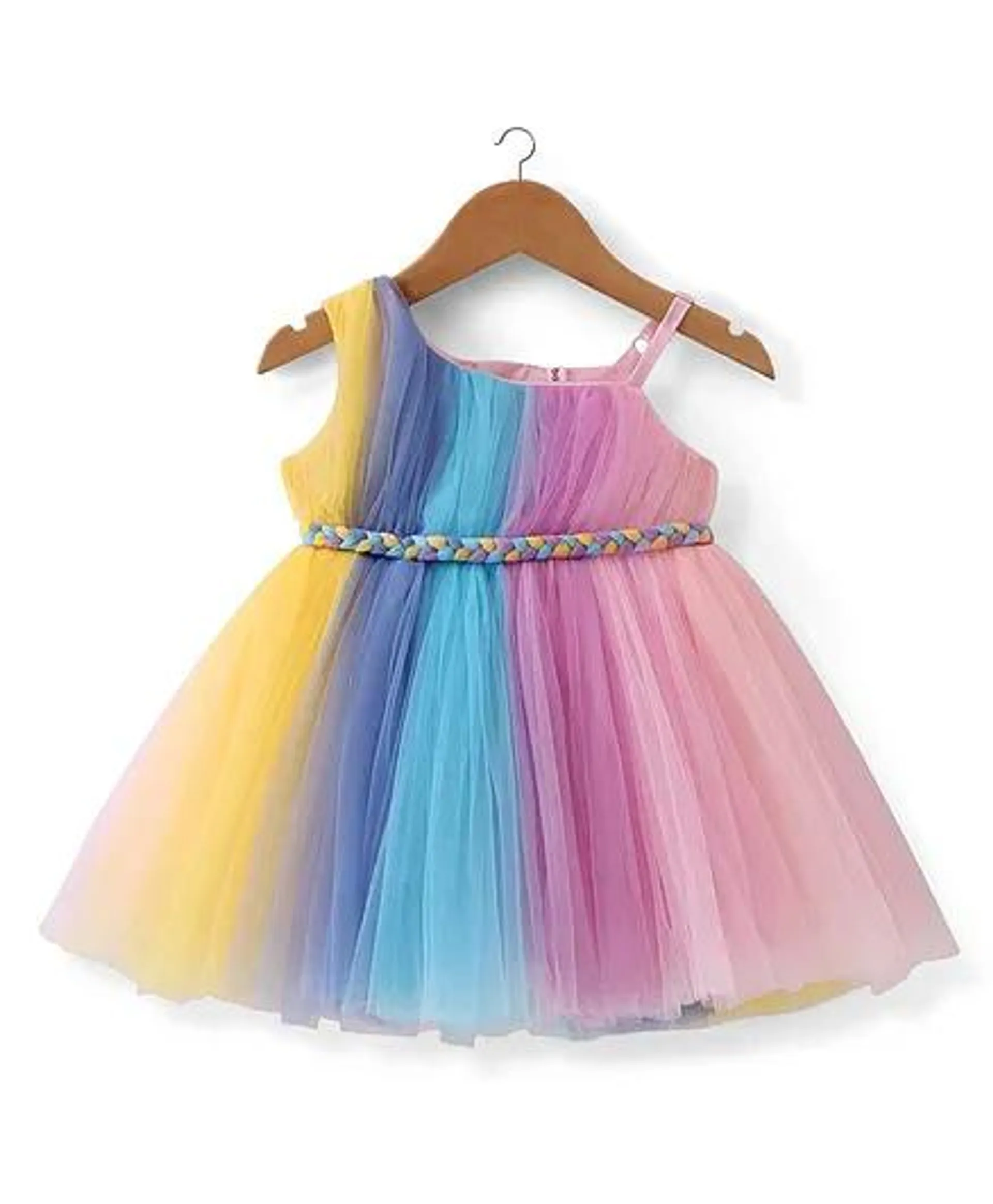 Babyhug Woven Sleeveless Fit and Flare One Shoulder Solid Color Party Frock -Multicolor