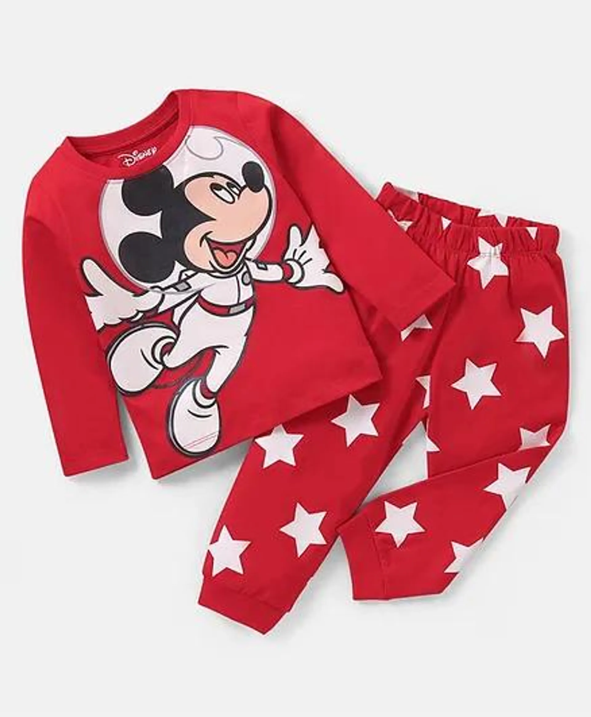 Babyhug Disney Single Jersey Knit Full Sleeve Night Suit with Mickey Mouse Graphics - Red