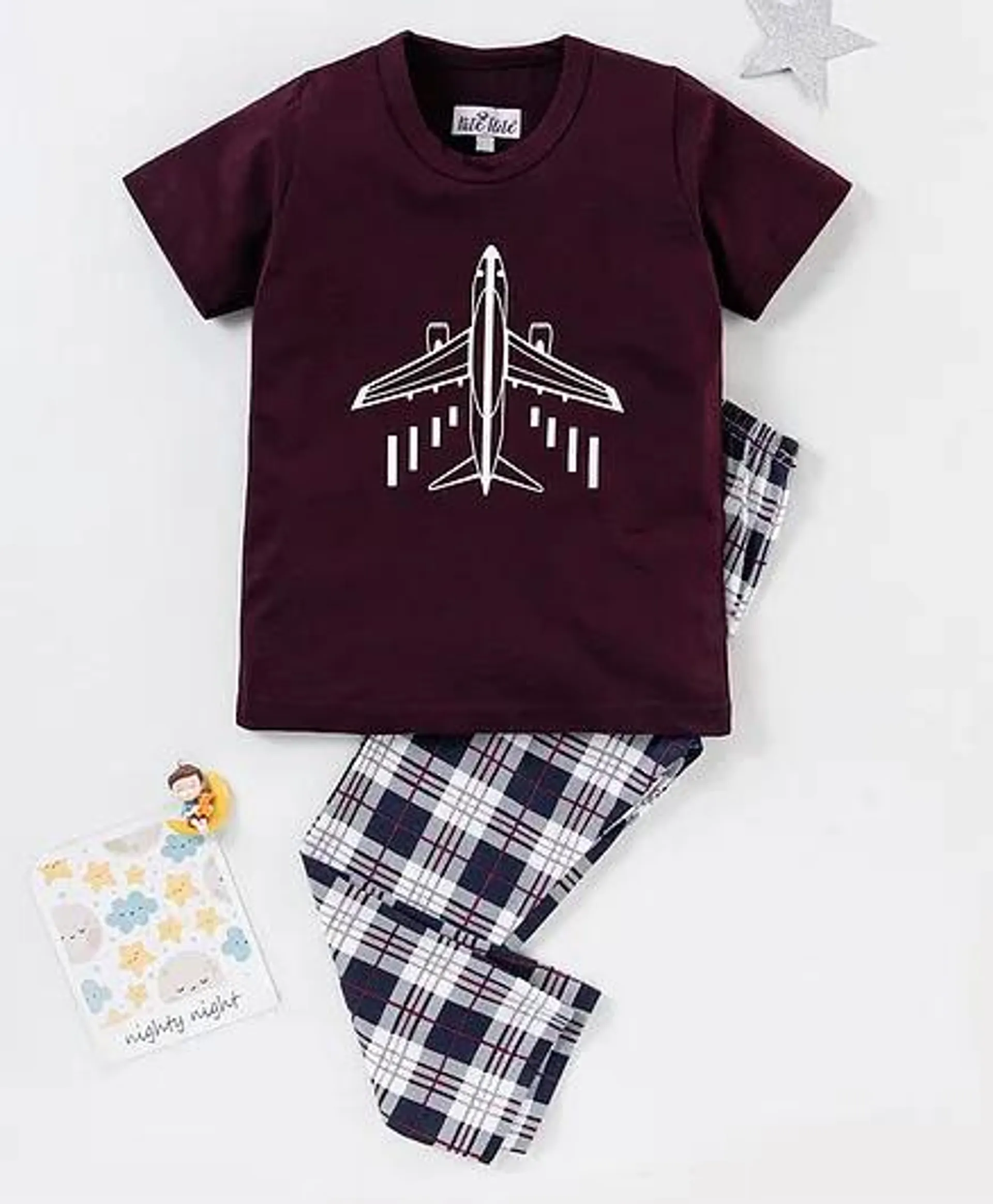 Nite Flite Half Sleeves Aeroplane Printed & Checked Night Suit - Multi Colour