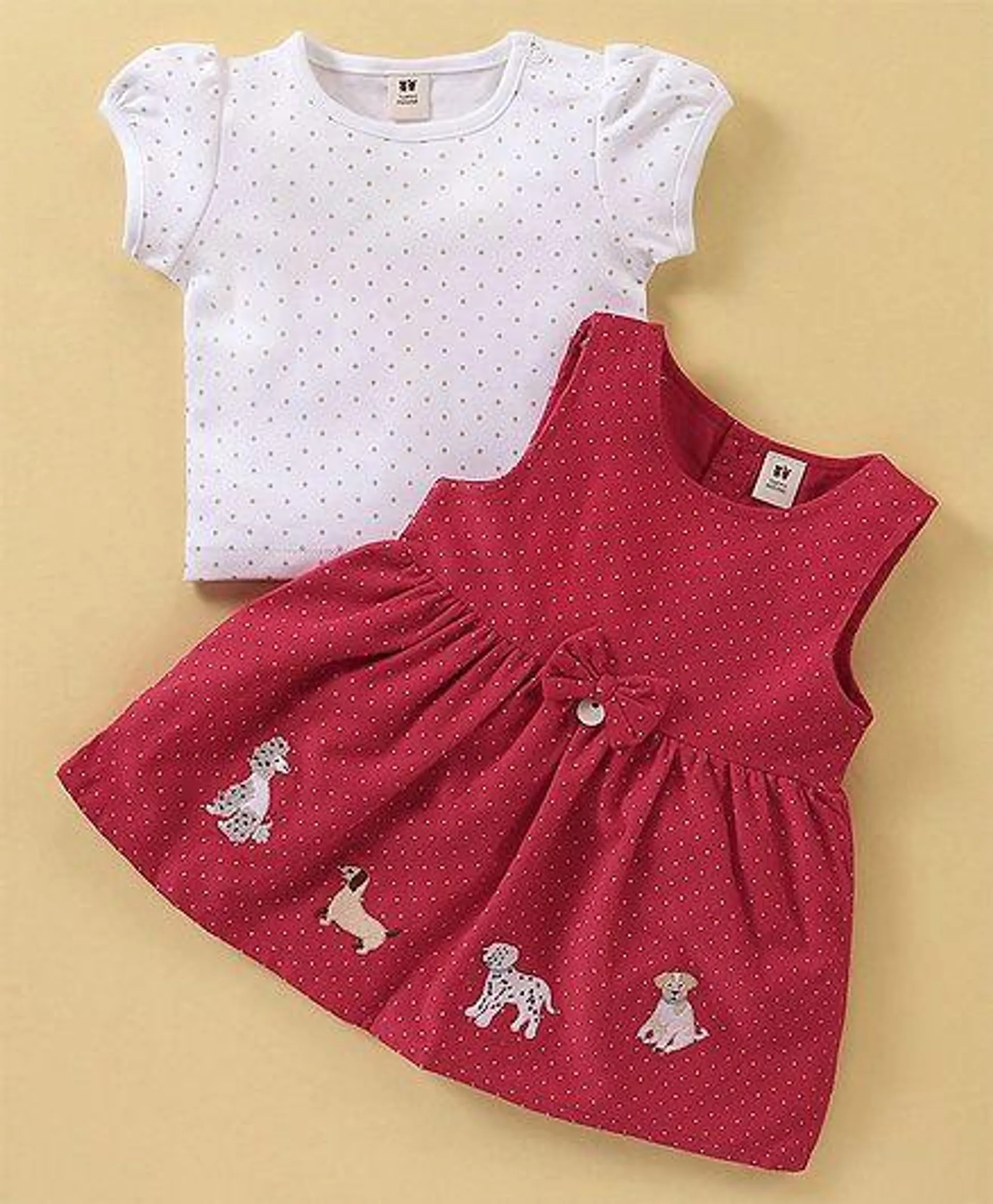 ToffyHouse Cotton Frock with Half Sleeves Inner Tee Polka Dot Print & Animal Embroidered - Red