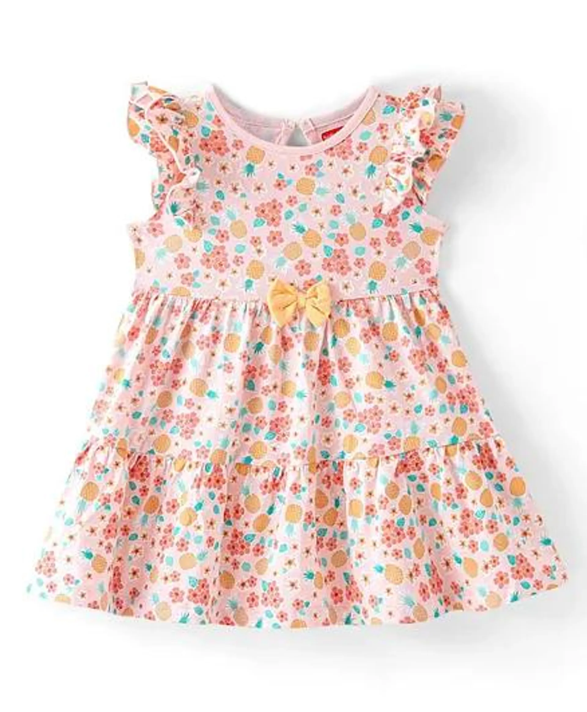 Babyhug 100% Cotton Jersey Frill Sleeves Frock with Floral Print With Bow Applique- Peach