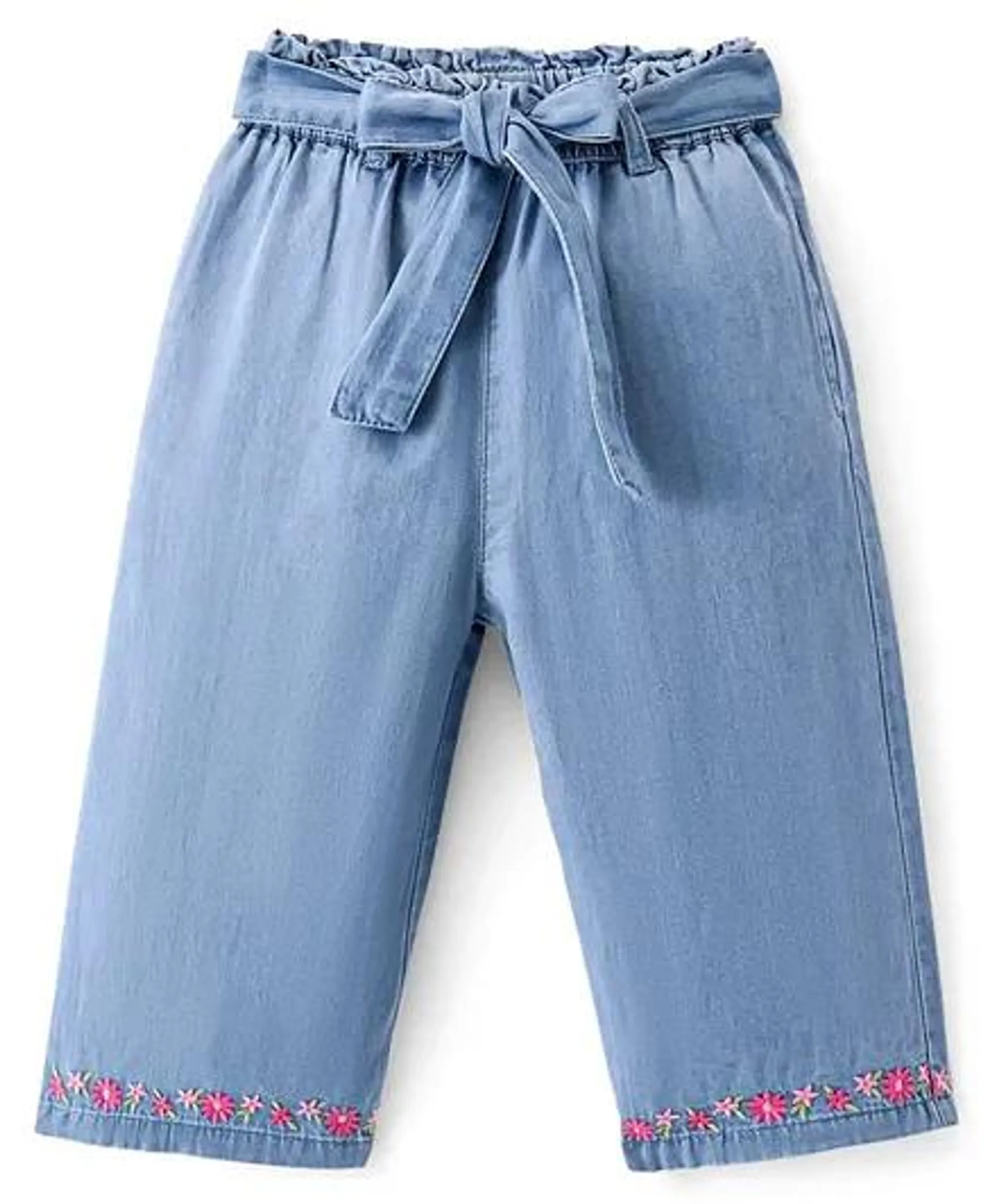 Babyhug Denim Washed Ankle Length Culottes with Floral Embroidery - Blue