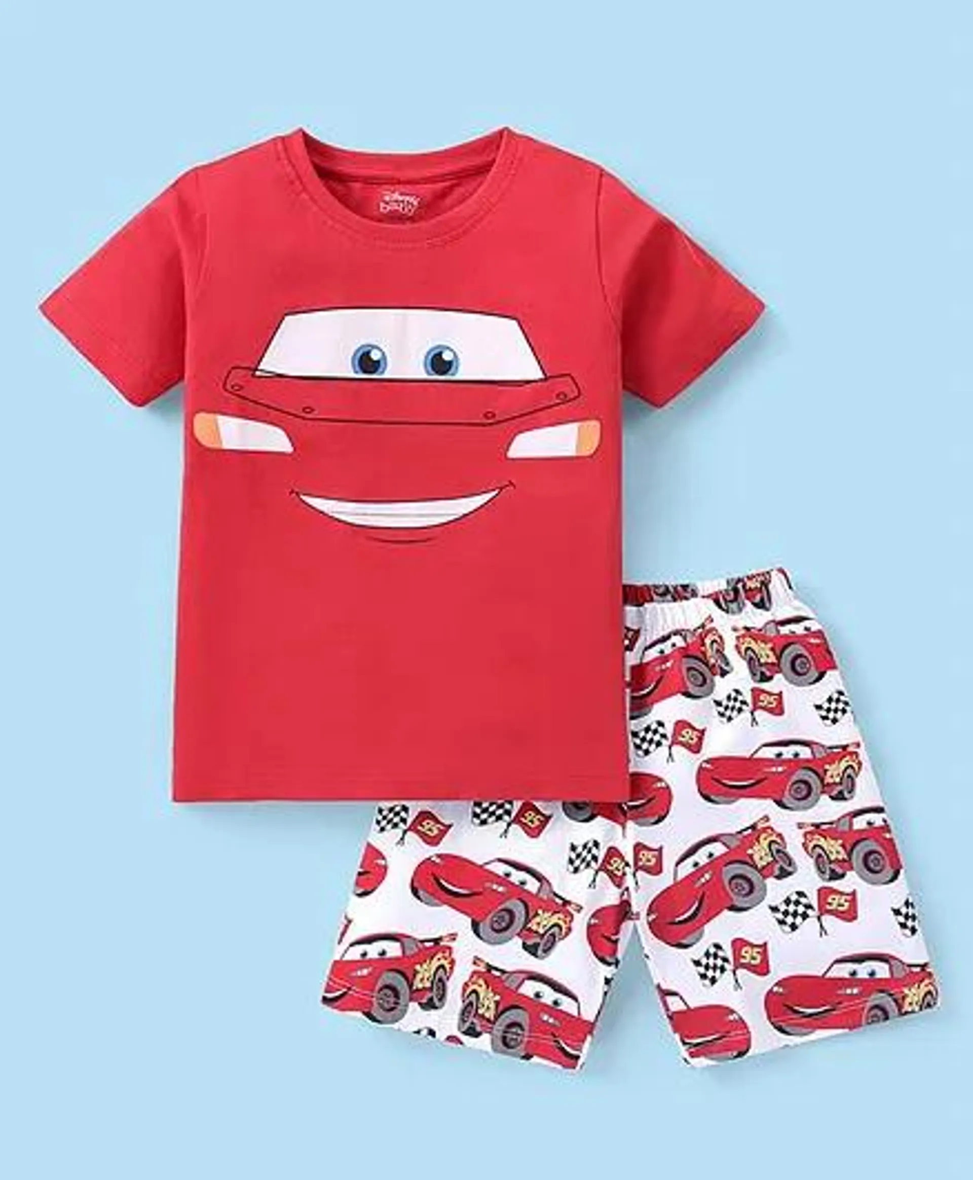 Babyhug Disney Cotton Half Sleeves Night Suit With Lightening McQueen Print - Red