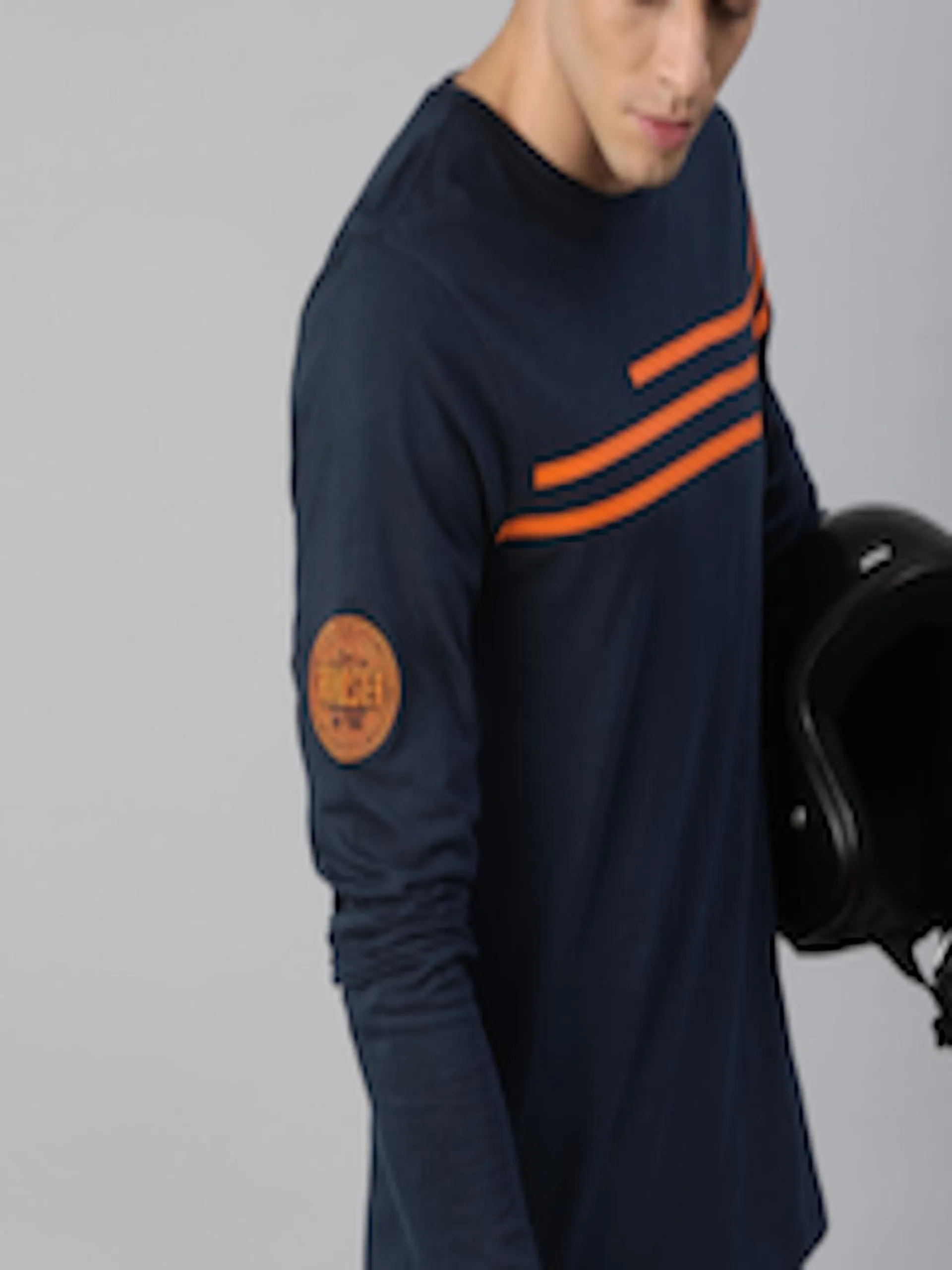 Men Navy Blue & Orange Striped Round Neck T-shirt