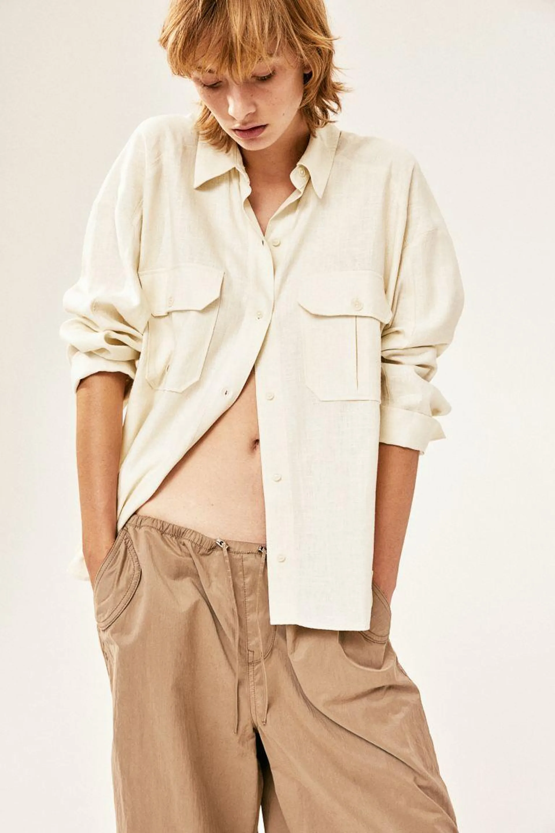 Oversized linen-blend cargo shirt