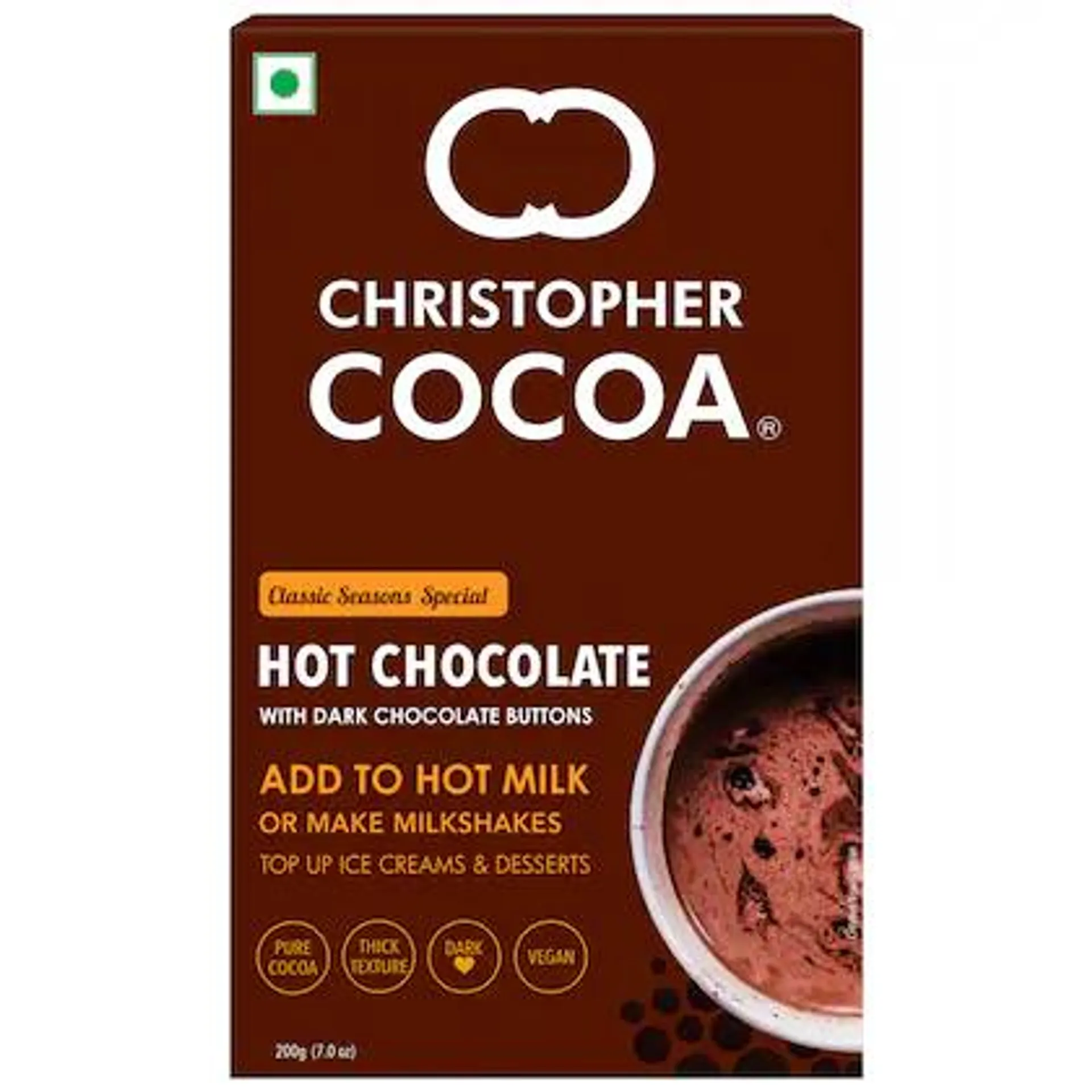 Christopher Cocoa Hot Drinking Chocolate Powder with Dark Chocolate Buttons 200g