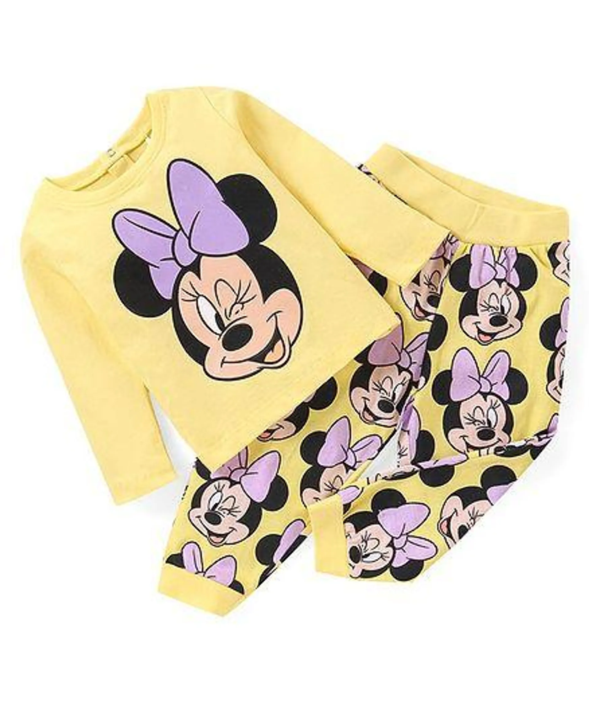 Babyhug Disney 100% Cotton Knit Full Sleeves Night Suit With Minnie Mouse Graphics - Yellow