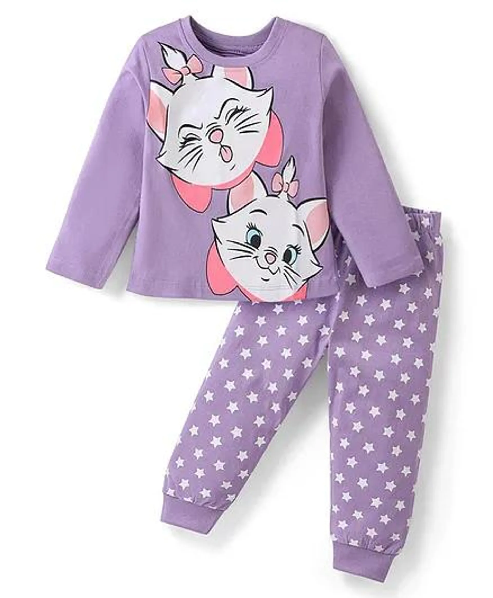 Babyhug Disney Cotton Knit Full Sleeves Night Suit With Marie Print - Purple