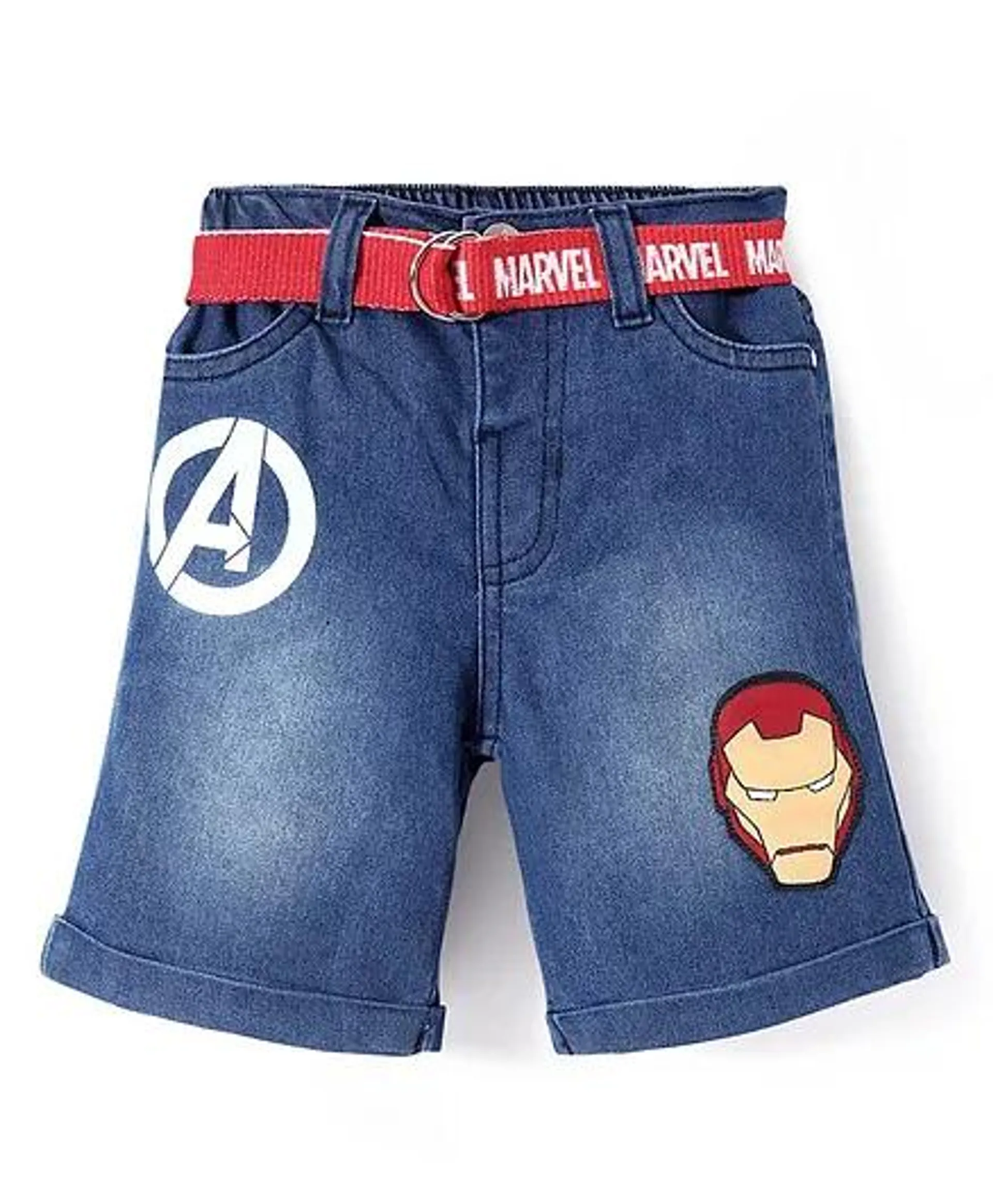 Babyhug Marvel Cotton Blend Knee Length Denim Bermuda With Belt & Iron Man Print - Blue