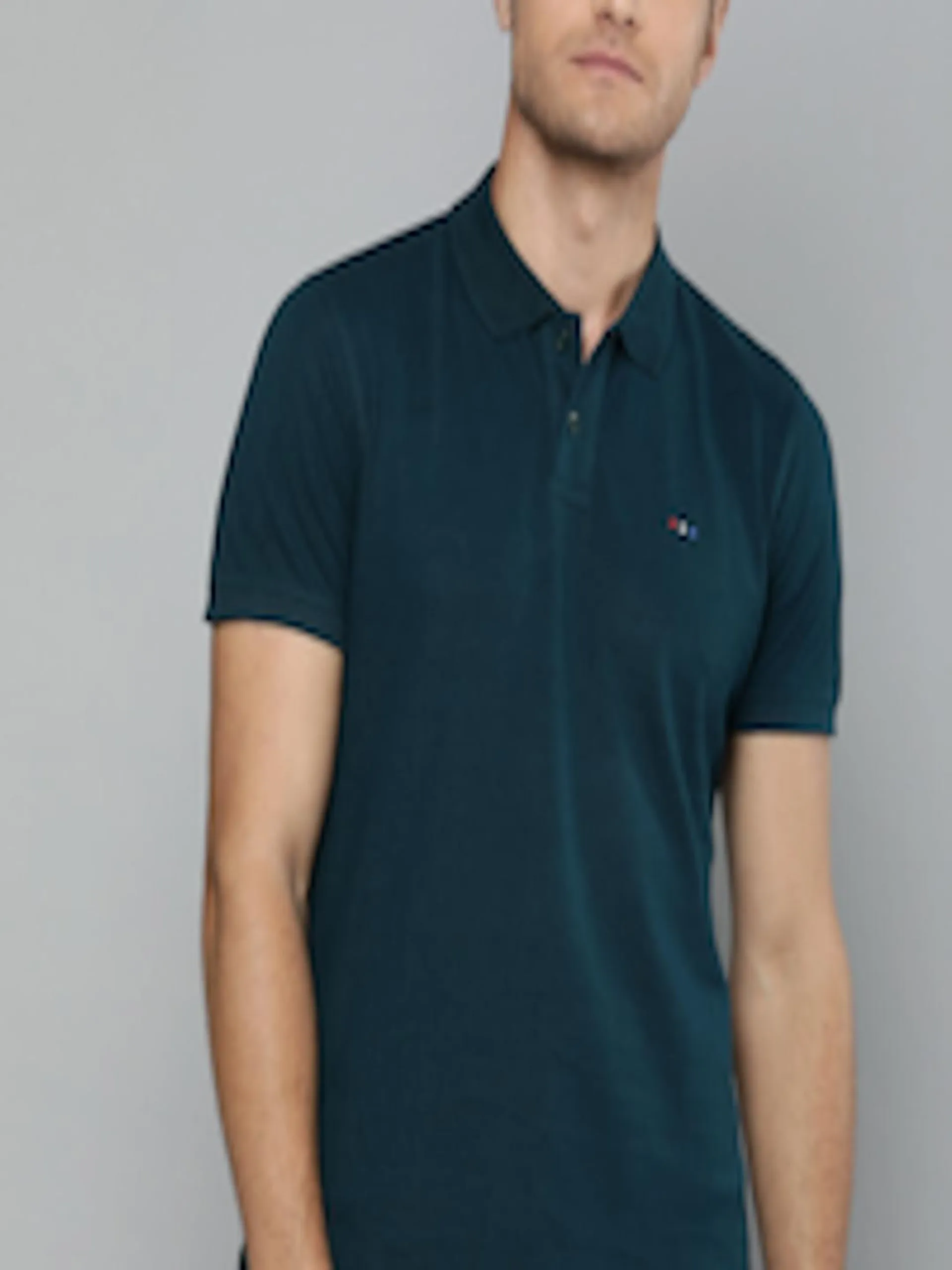 Men Navy Blue Solid Polo Collar Pure Cotton T-shirt