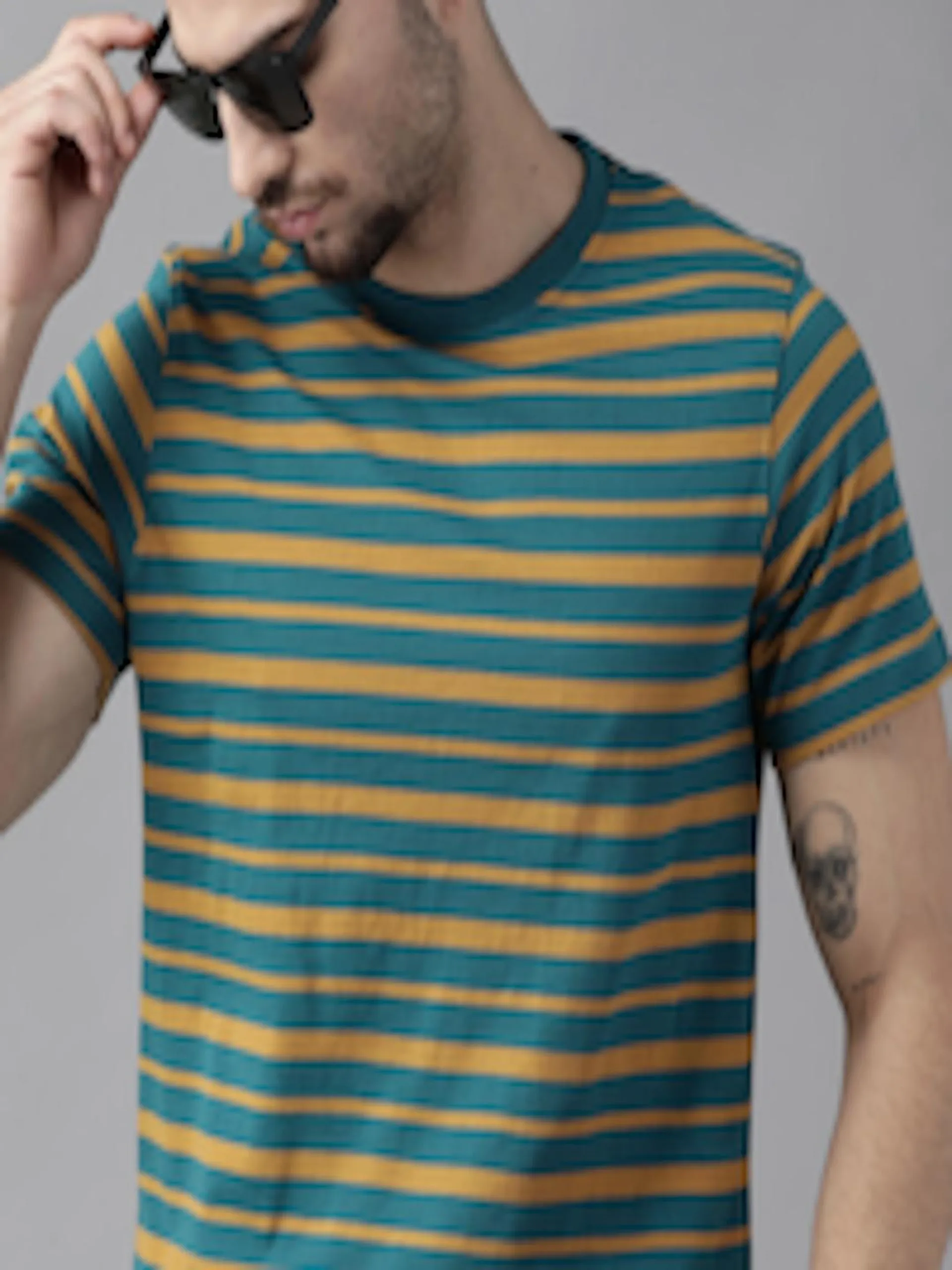 Men Blue & Mustard Yellow Cotton Striped T-shirt