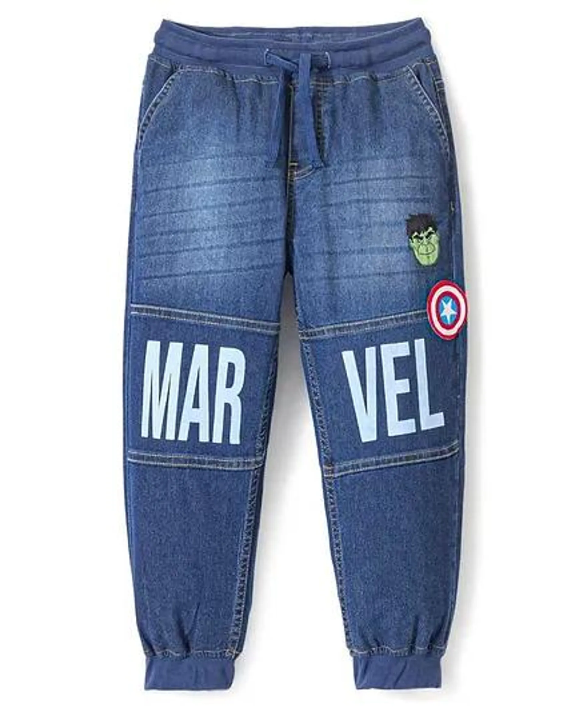 Pine Kids Marvel Cotton Blend Full Length Whiskered Denim Jogger With Marvel Text Print And Avenger Badge - Blue