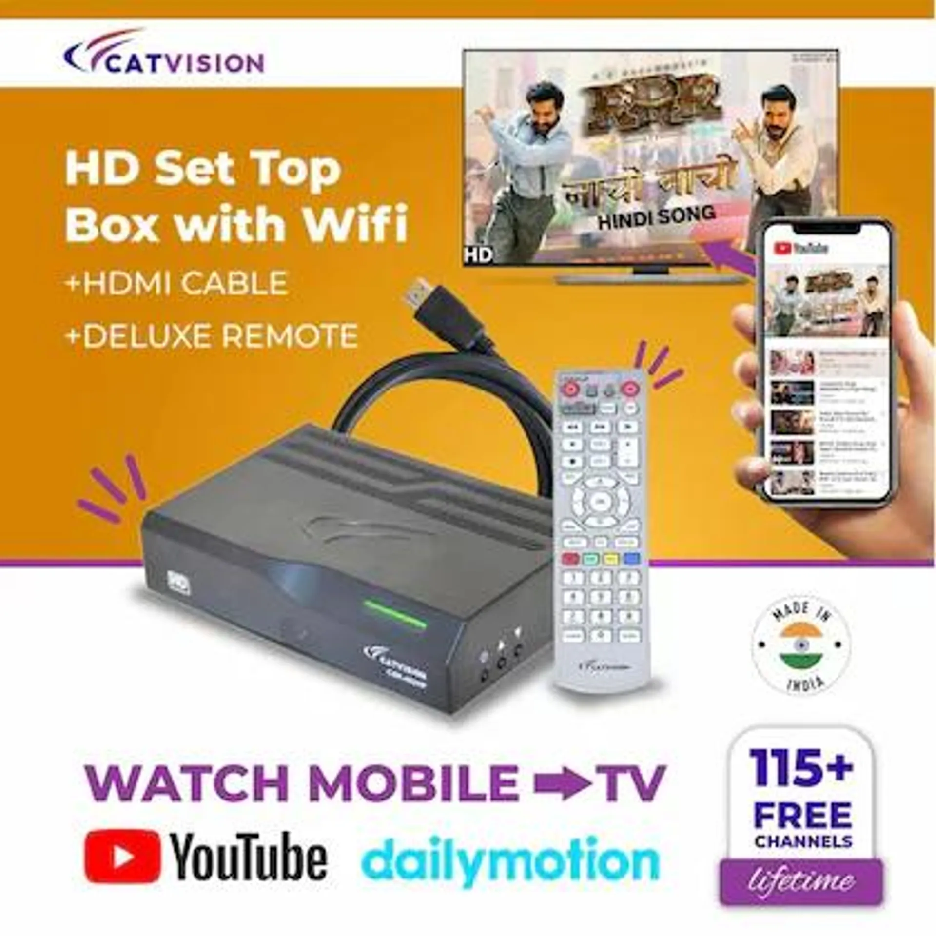 Catvision DD Free Dish DTH MPEG4 HD & Wi-Fi Set Top Box For 115+ Free TV Channels with HDMI Cable And Deluxe Remote