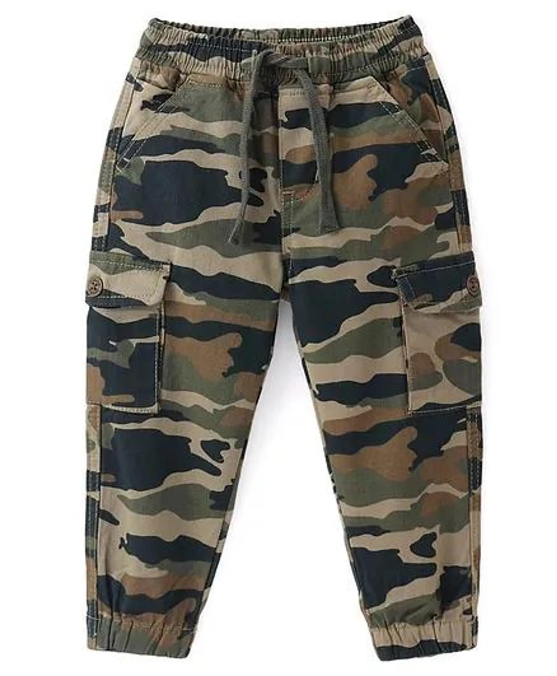 Babyhug Cotton Lycra Woven Full Length Camouflage Printed Stretchable Jogger - Olive Green