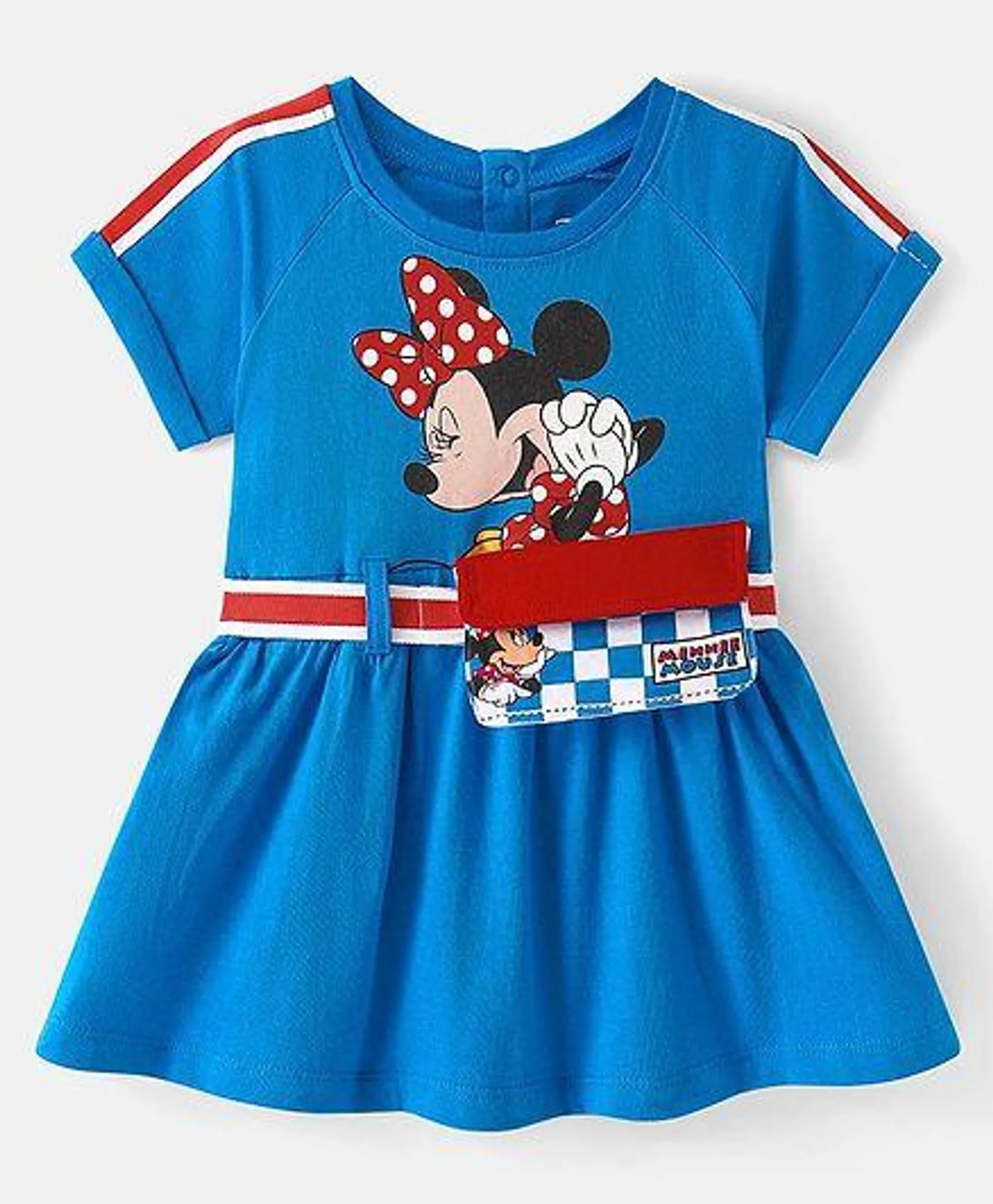 Babyhug Disney Cotton Half Sleeves Frock with Fanny Pack & Minnie Mouse Print - Blue