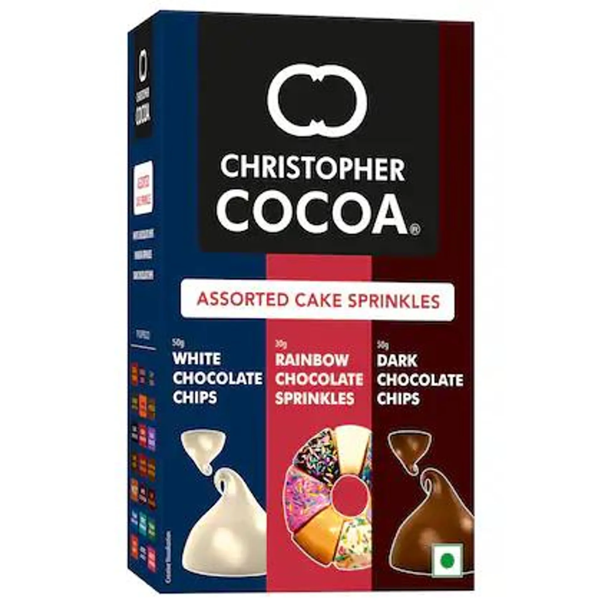 Christopher Cocoa Assorted Cake Sprinkles Dark Chocolate Chips 50g, White Chocolate Chips 50g, Rainbow Chocolate sprinkles 30g (Snack, Topping Ice Cream, Cakes, Baking)