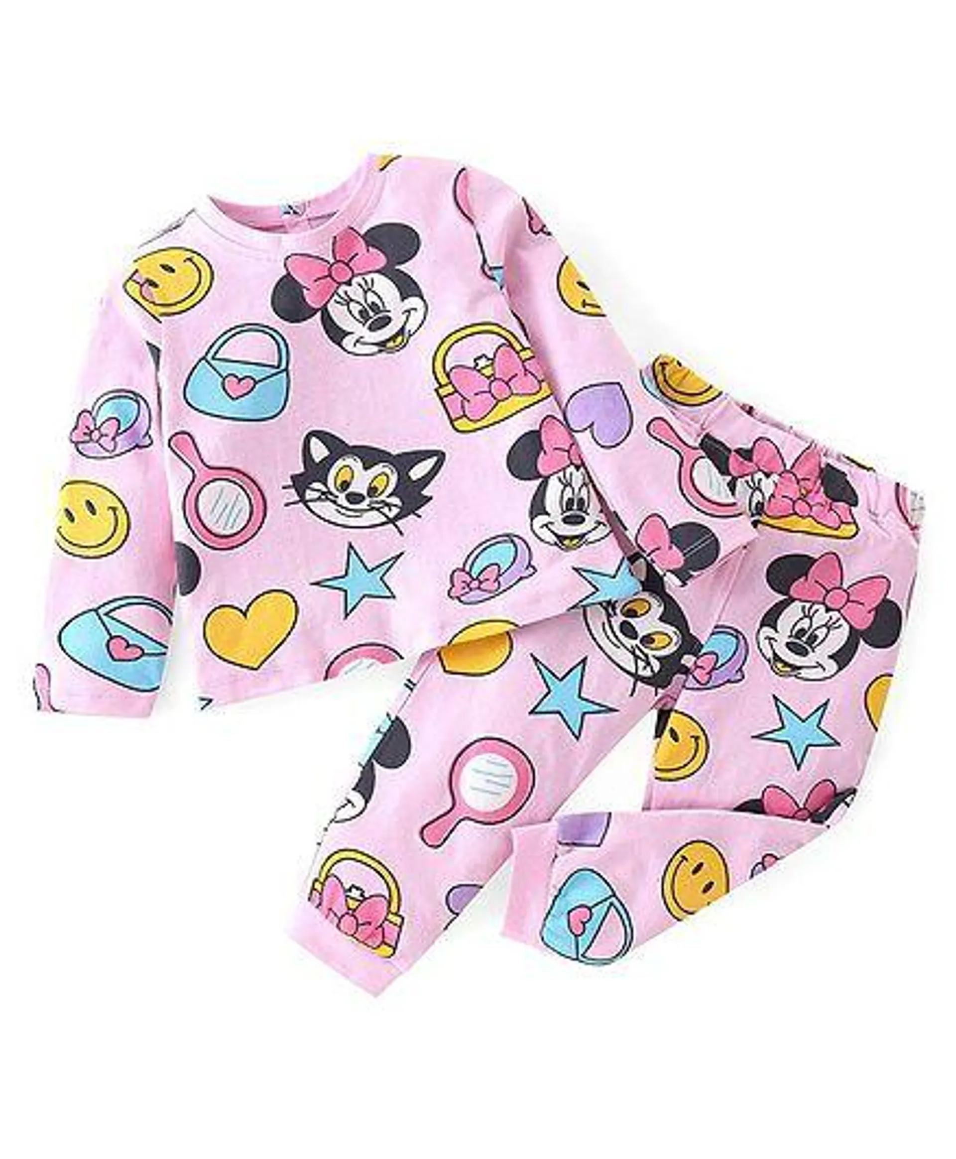 Babyhug Disney Cotton Knit Full Sleeves Night Suit With Minnie Mouse Print - Pink