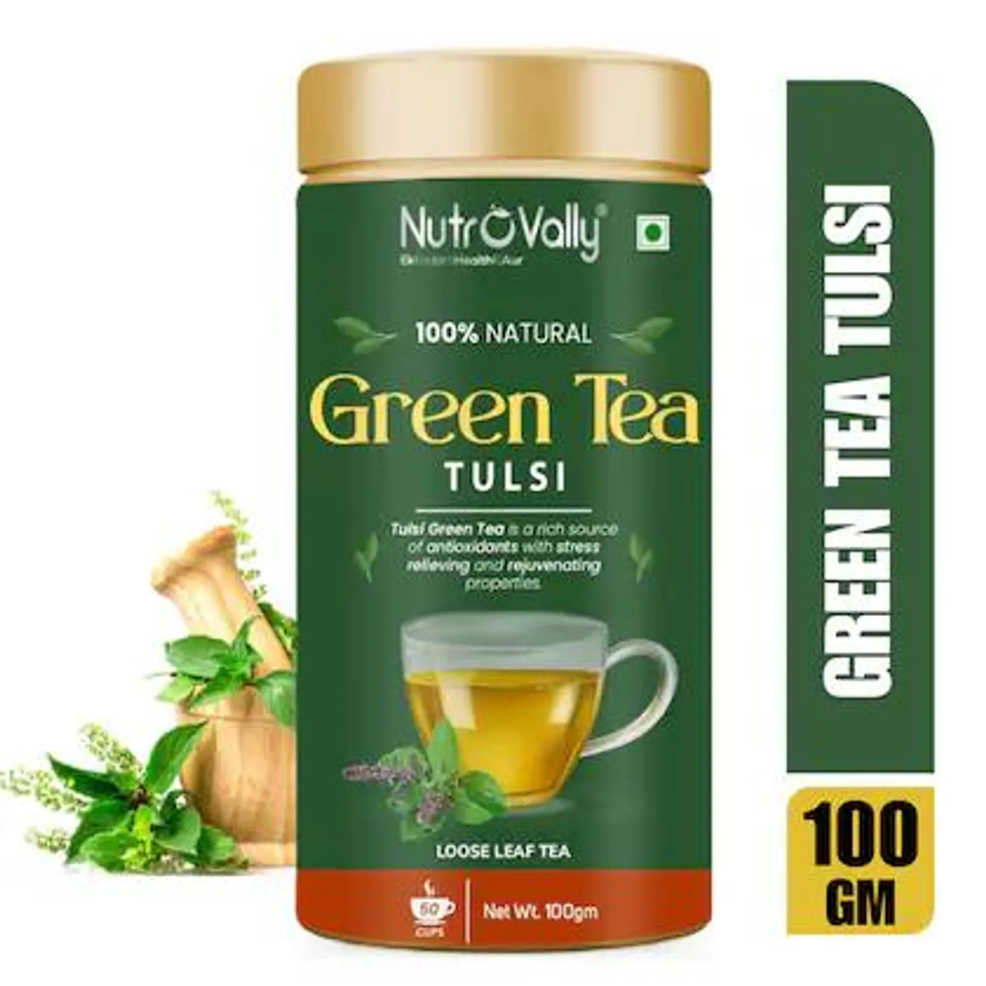 NutroVally - Green Tea with Tulsi for Weight loss | Loaded with Anti-Oxidants & 100% Natural Tulsi Green Tea Tin | (100g)