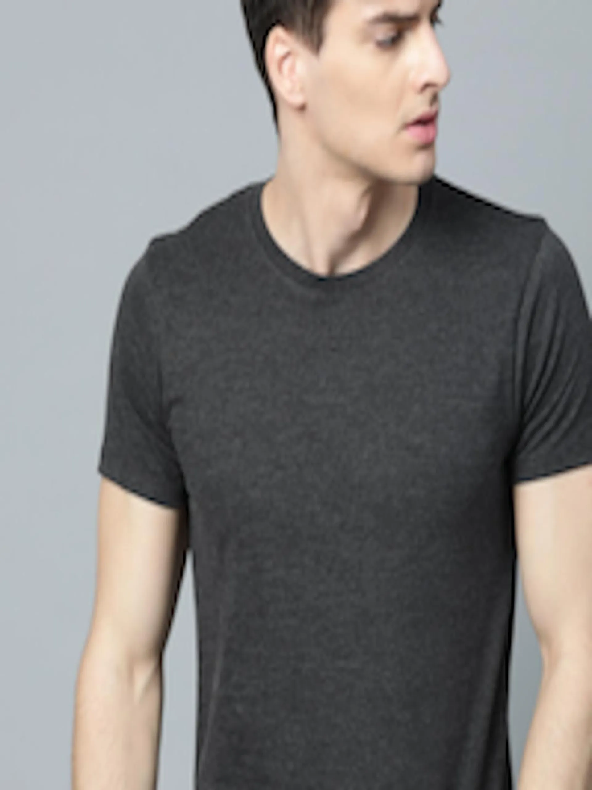 Men Charcoal Grey Solid Round Neck T-shirt
