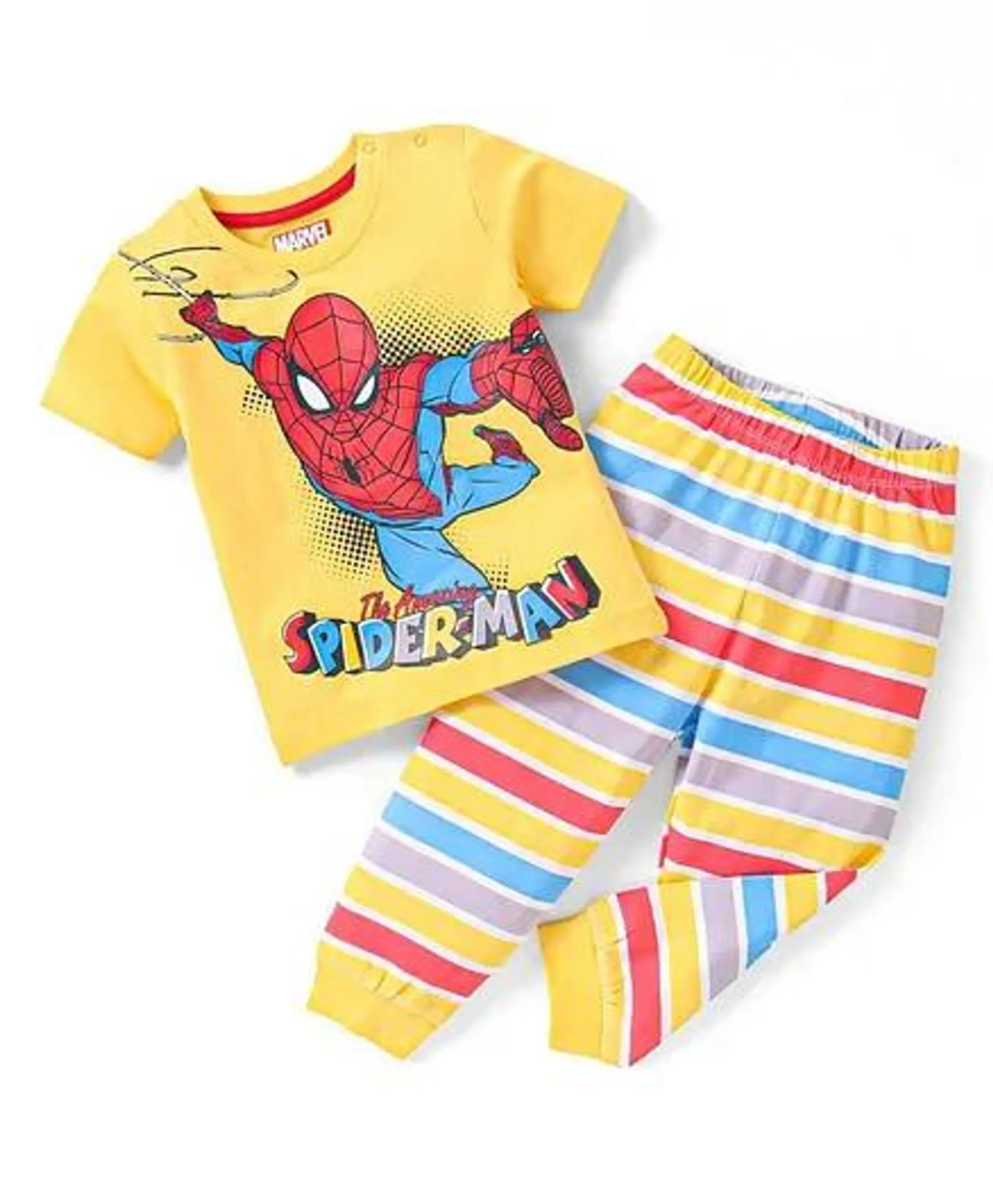 Babyhug Marvel Cotton Half Sleeves Night Suit With Spiderman Print - Multicolor