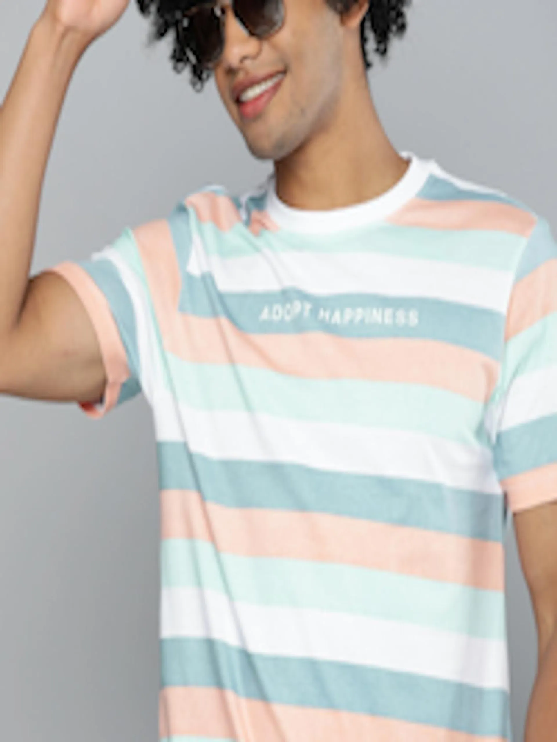 Men White Teal Blue Striped Round Neck Pure Cotton Relaxed T-shirt