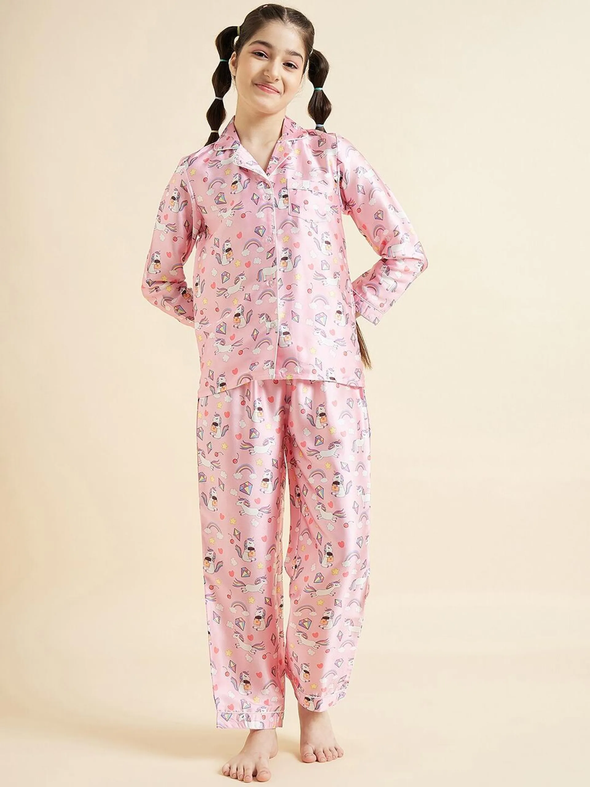 Girls Printed Satin Night Suit