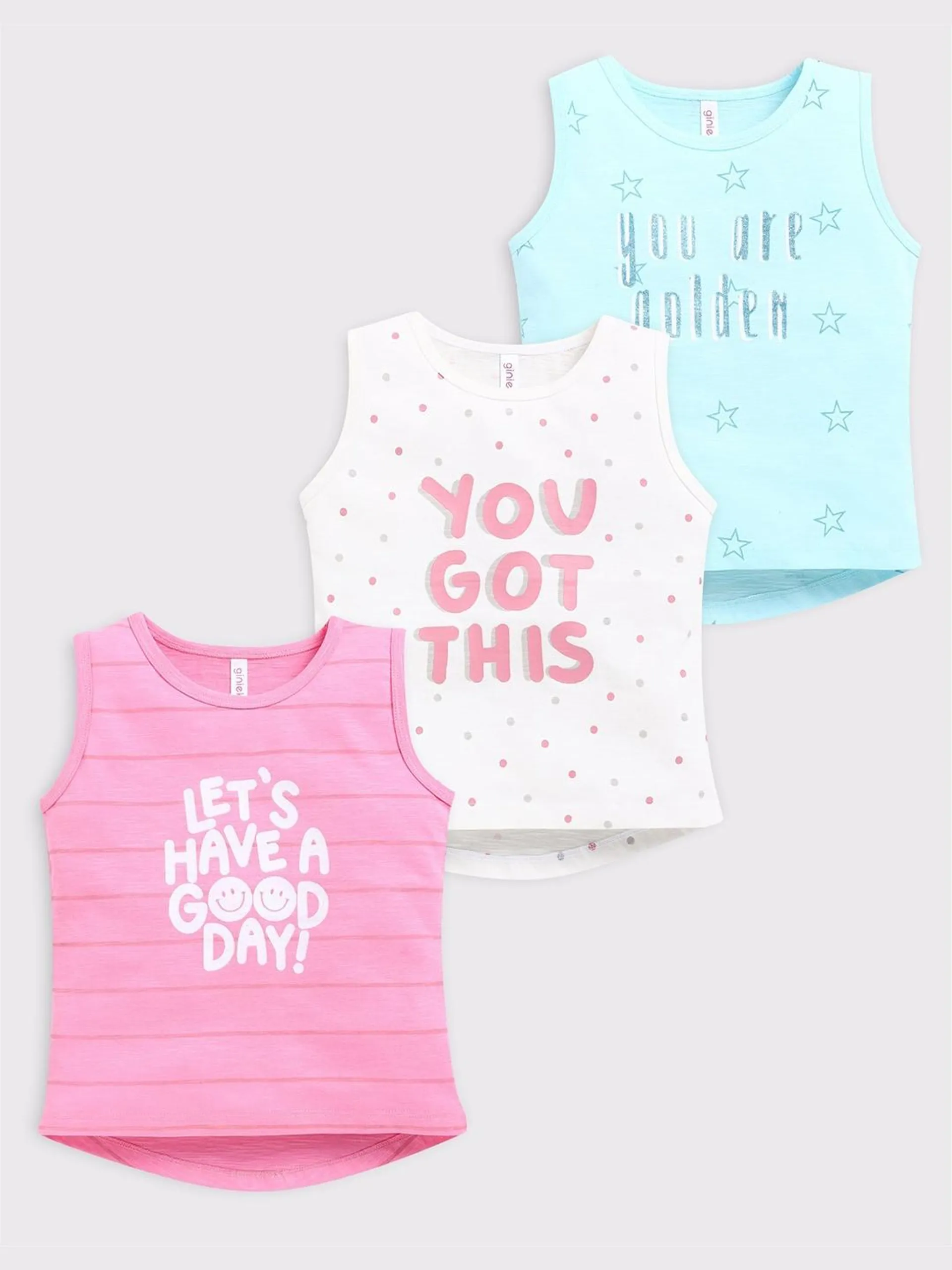 Girls Pack Of 3 Round Neck Typography Printed Cotton Tops