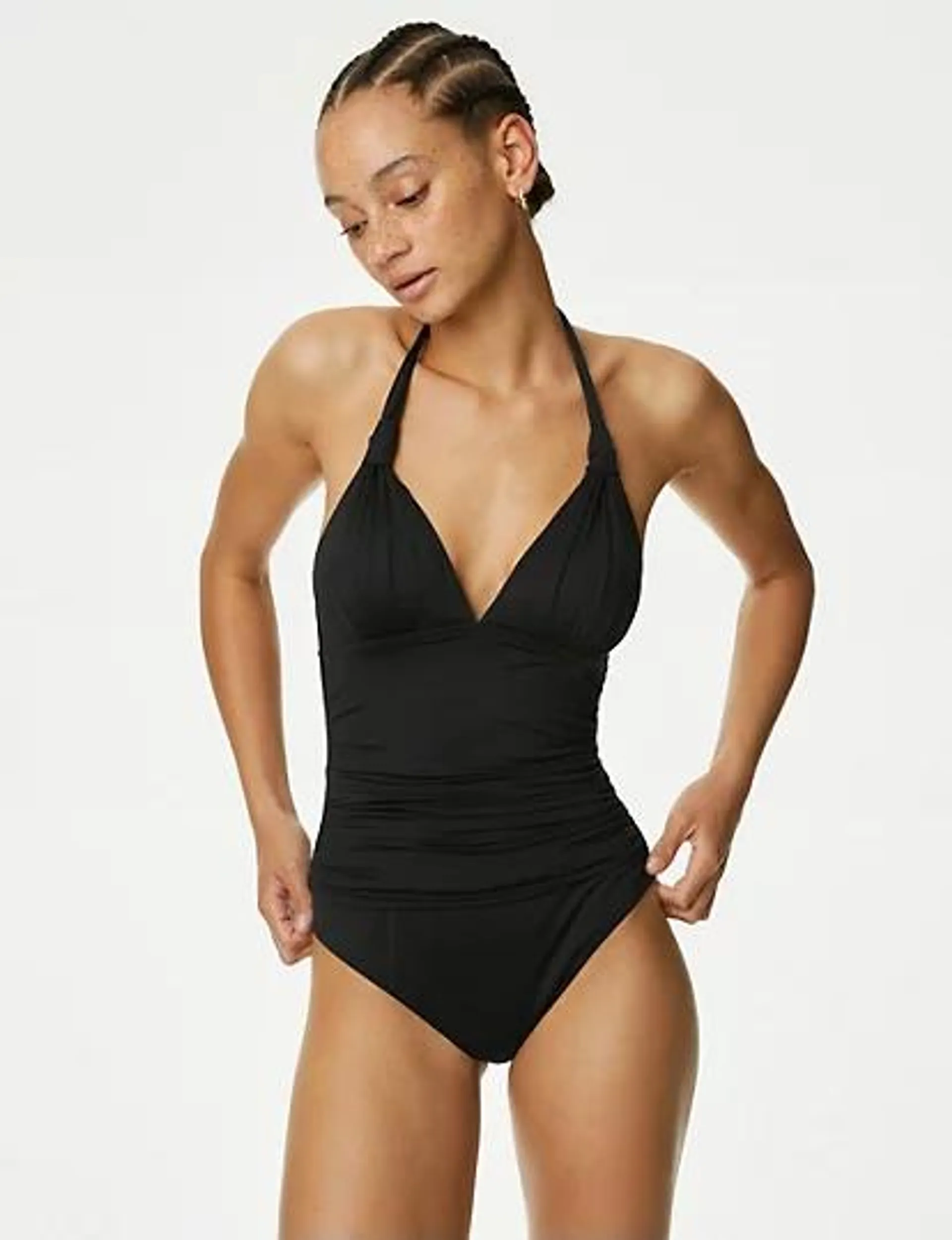 Padded Ruched Halterneck Plunge Swimsuit