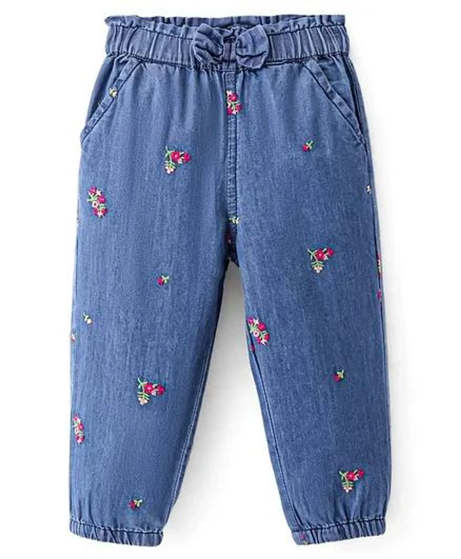 Babyhug 100% Cotton Denim Full Length Floral Embroidery Jogger - Blue