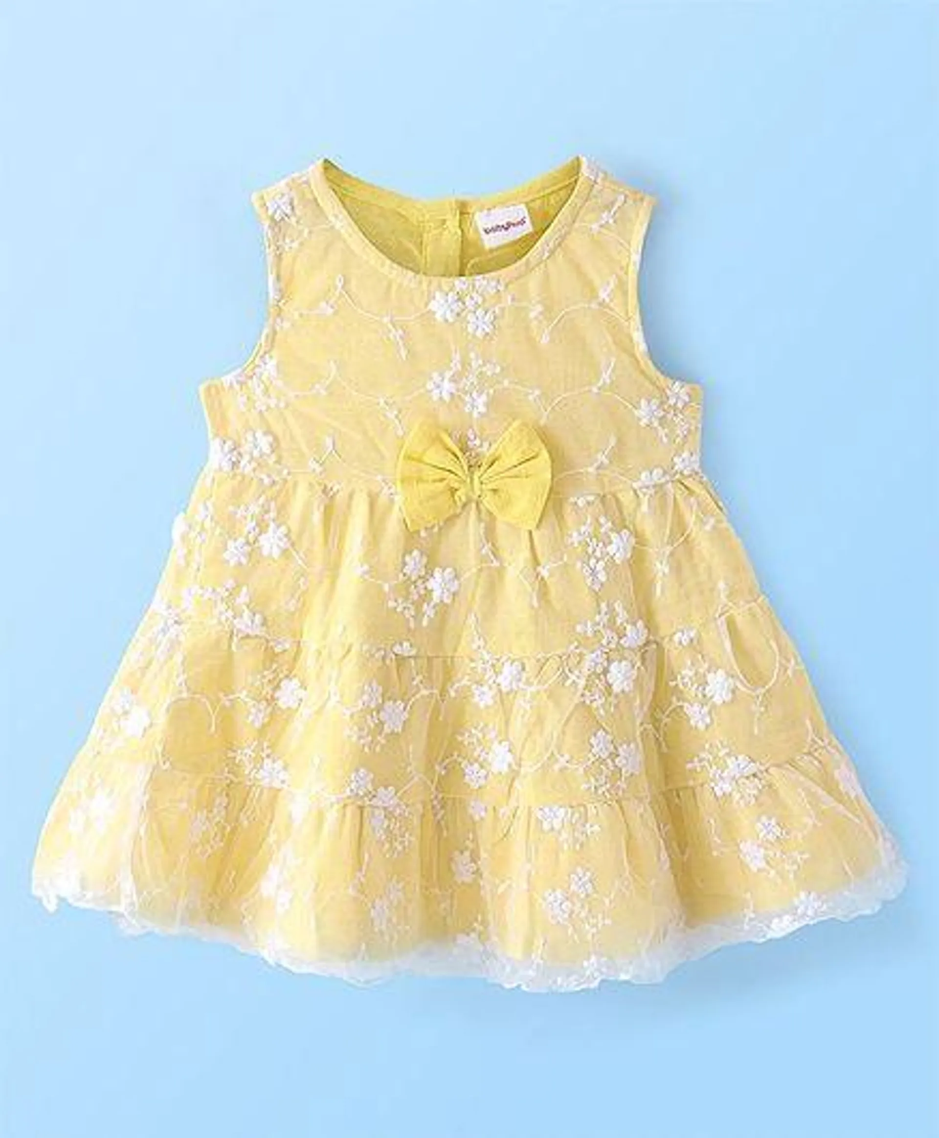 Babyhug Chambray Woven Sleeveless Floral Embroidered & Bow Detailing Frock - Yellow