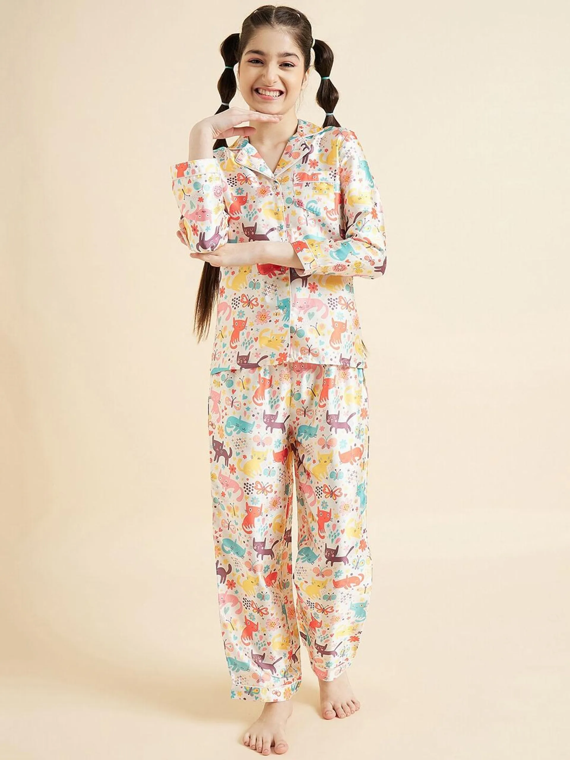 Girls Printed Long Sleeves Satin Night suit