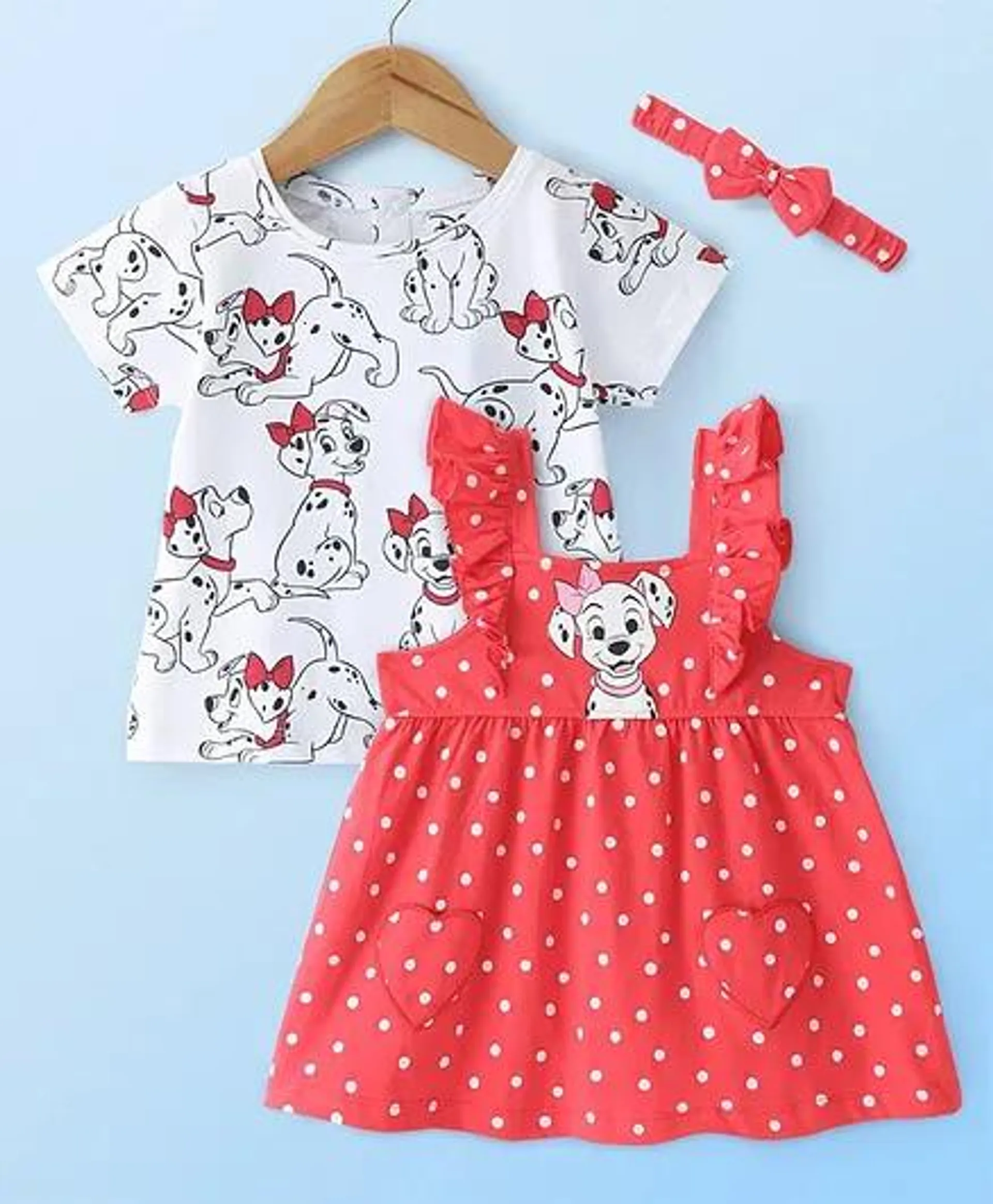 Babyhug Cotton Knit Frock with Half Sleeves T-Shirt & Headband Polka Dot & 101 Dalmatians Print - Red