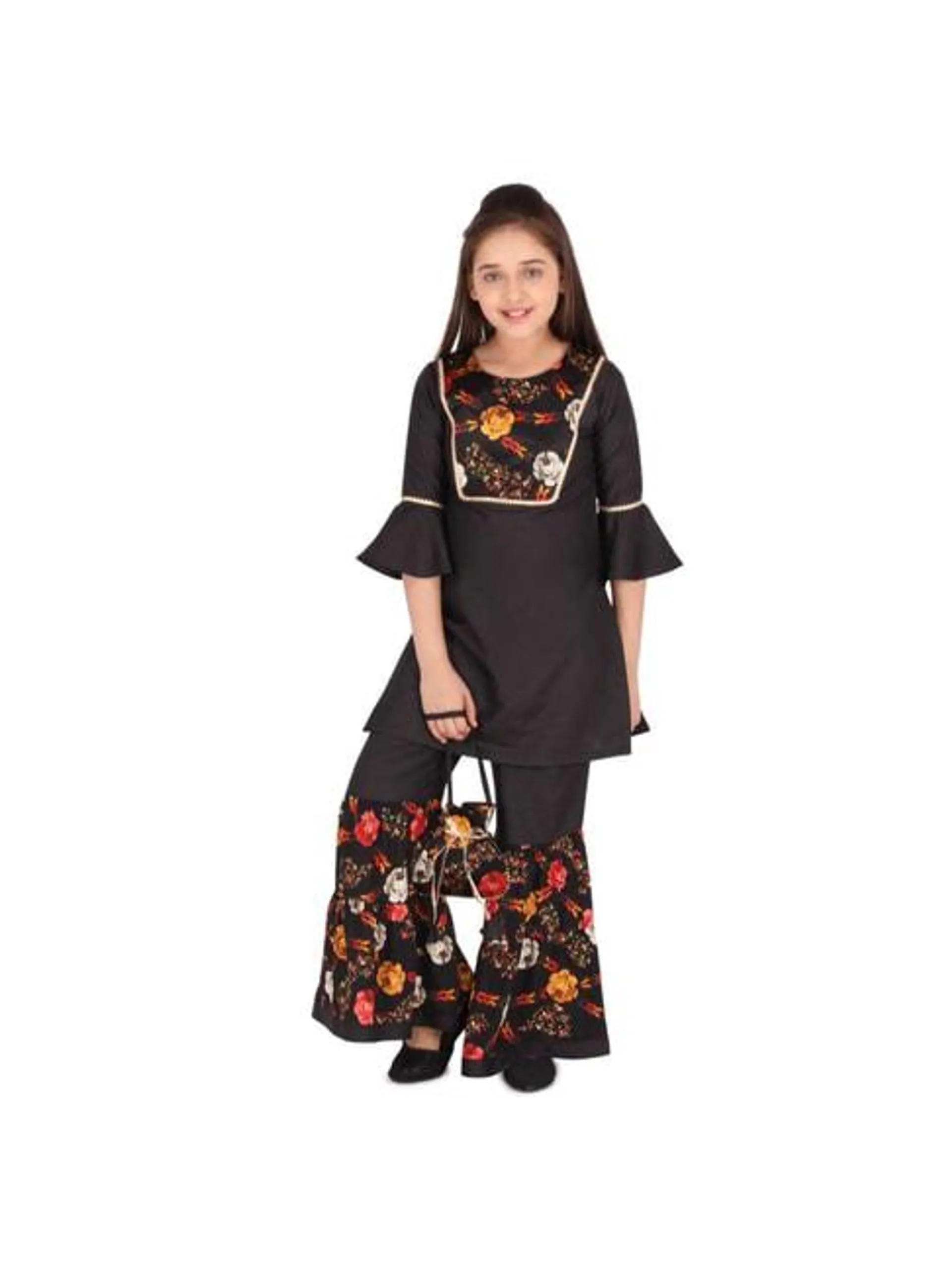 Cutecumber Kids Black Floral Kurta, Sharara with Bag