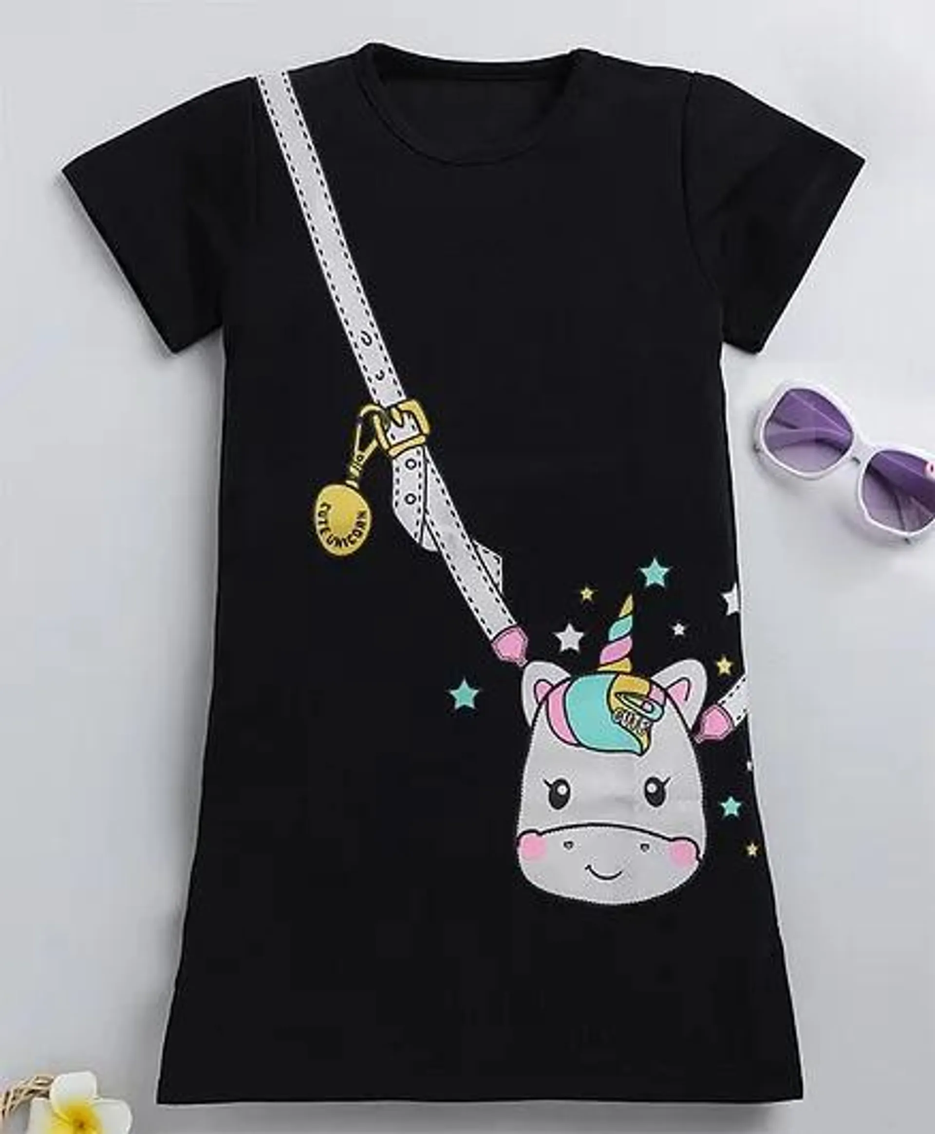 Little Marine Half Sleeves Mock Style Unicorn Sling Bag Printed T Shirt Dress - Black