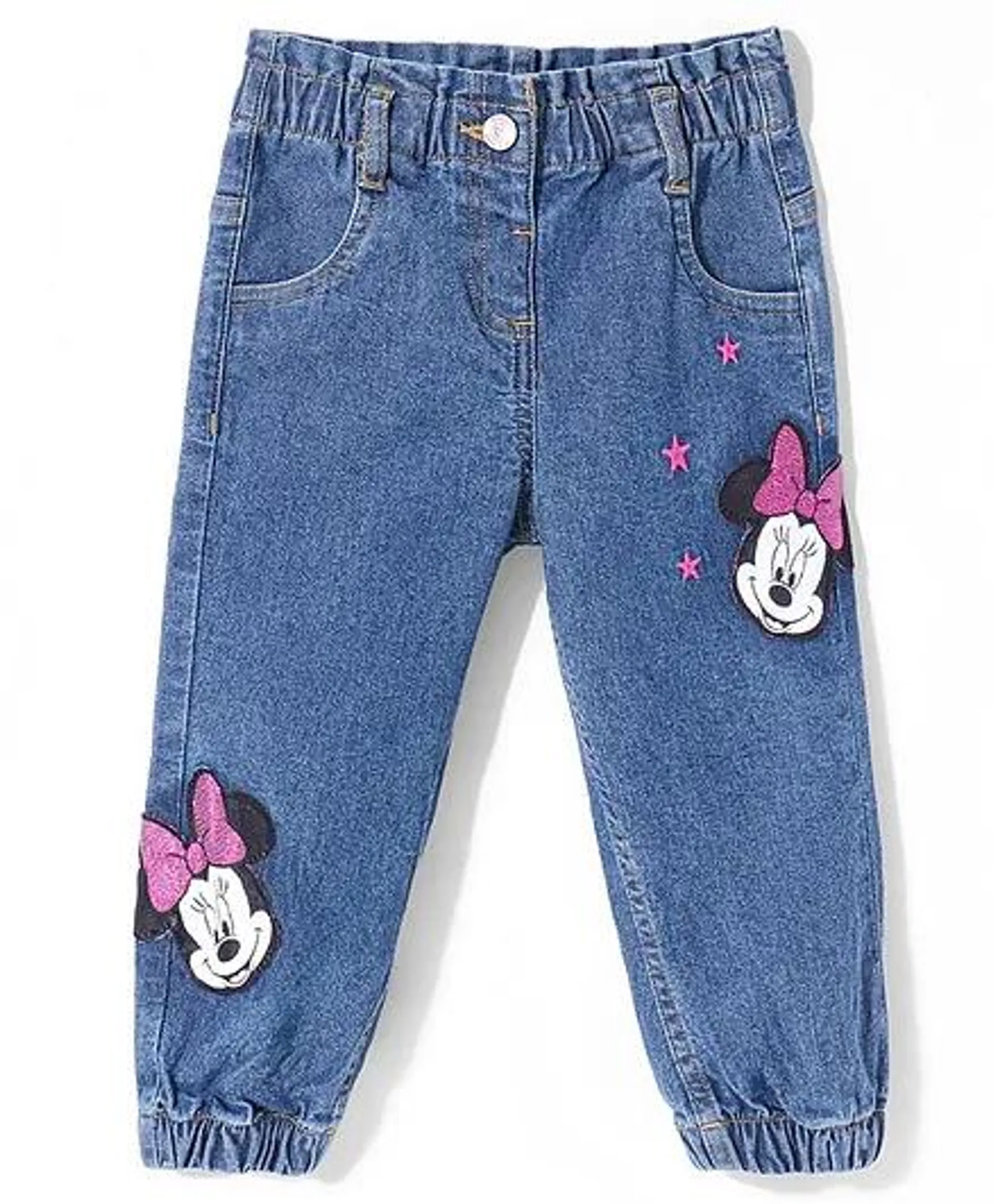 Babyhug Disney Denim Full Length Jeans with Minnie Mouse Graphics -Blue