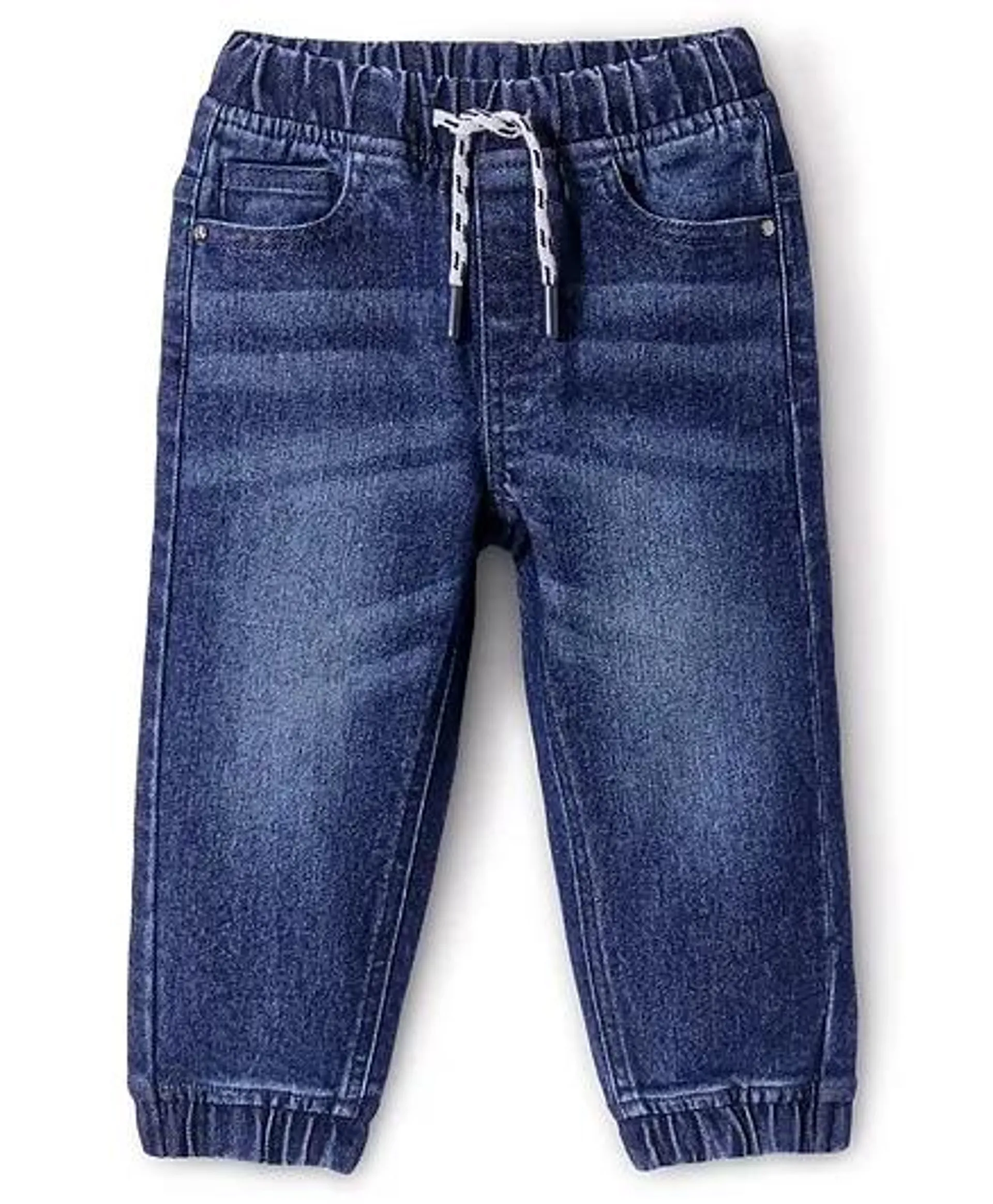 Babyhug Cotton Blend Full Length Solid Color Stretchable Denim Jogger - Dark Blue