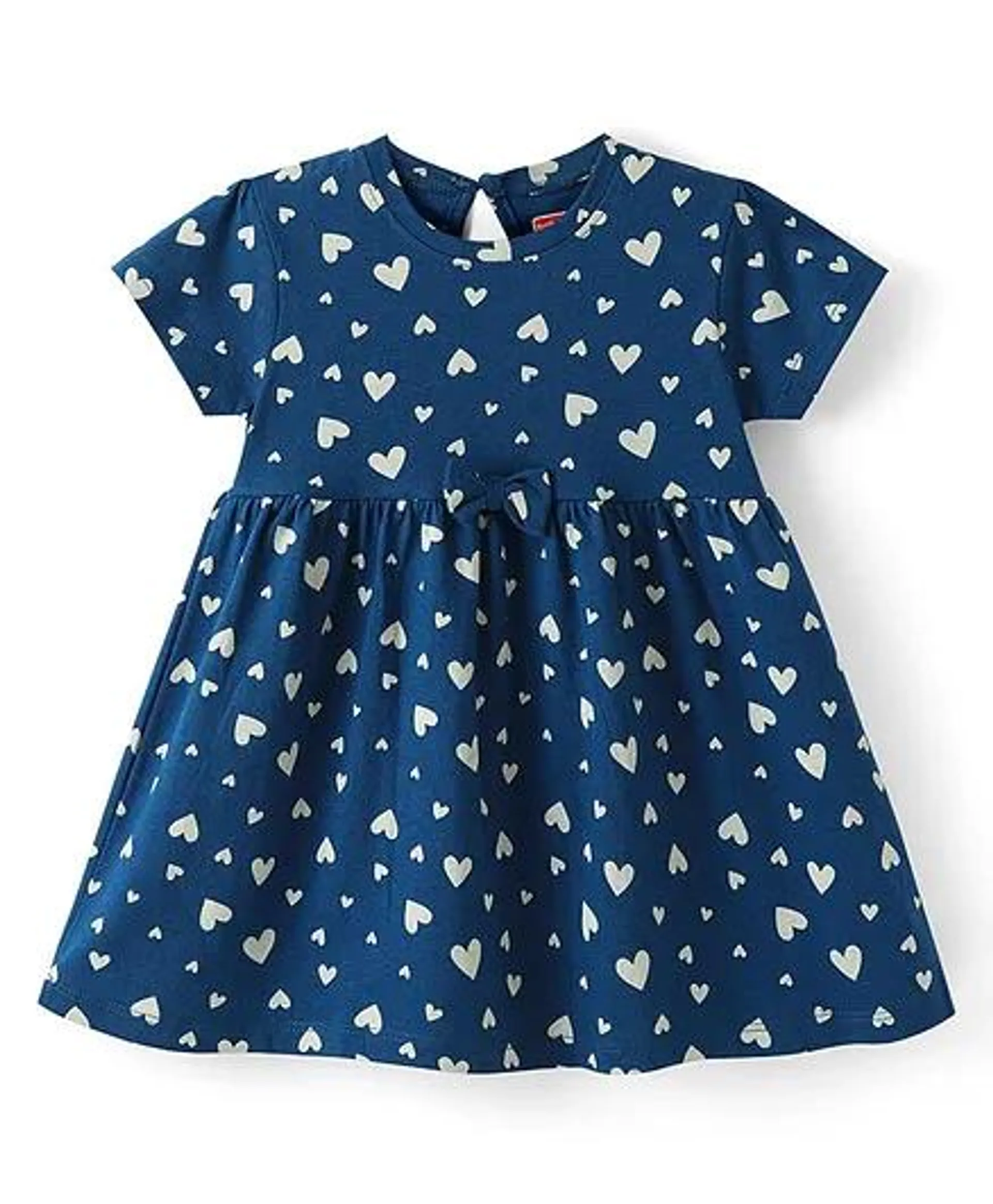 Babyhug Cotton Knit Half Sleeves Frock with Hearts Print & Bow Applique - Navy Blue