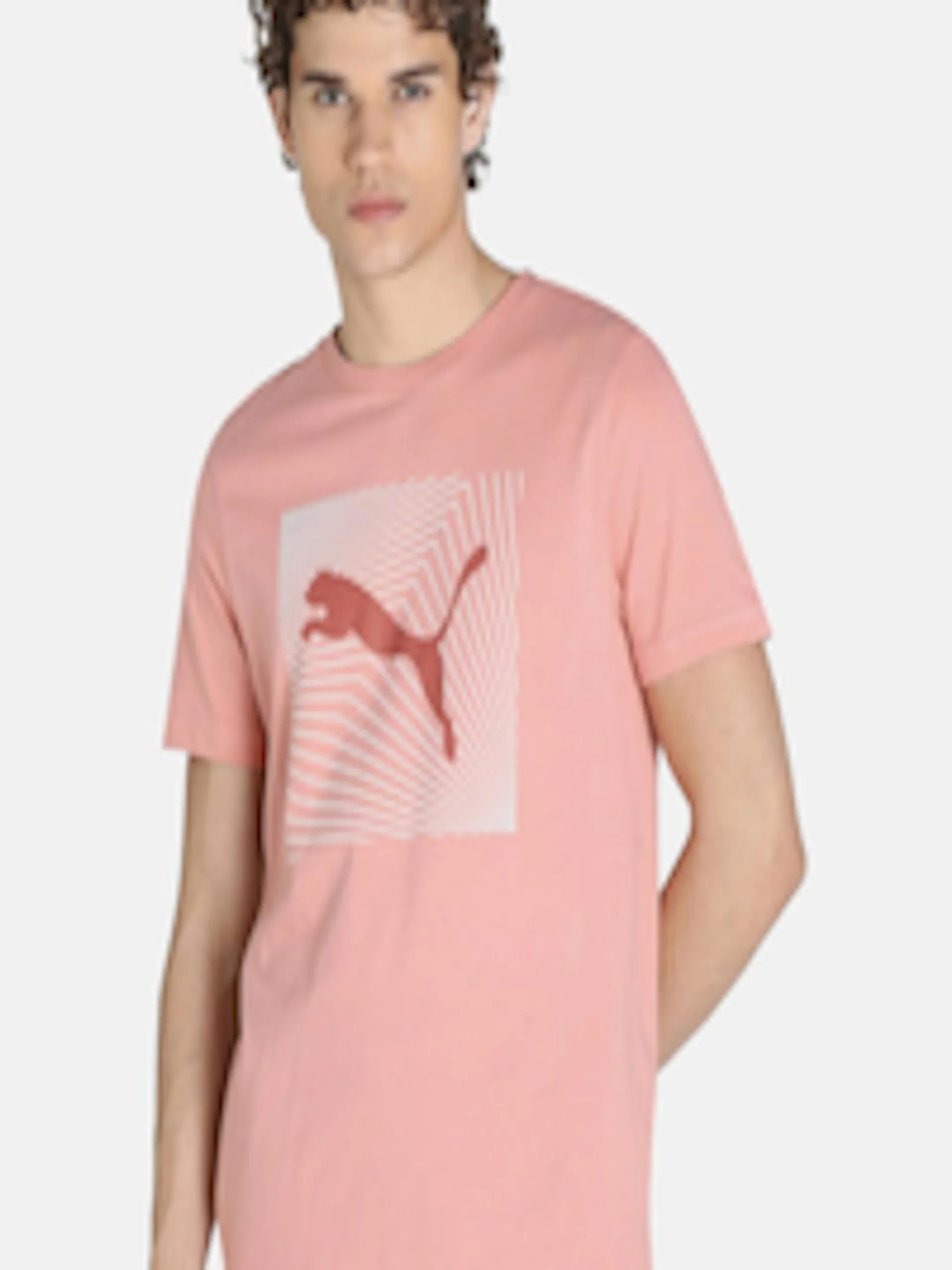 Men Pink & White Brand Logo Printed Slim Fit T-shirt
