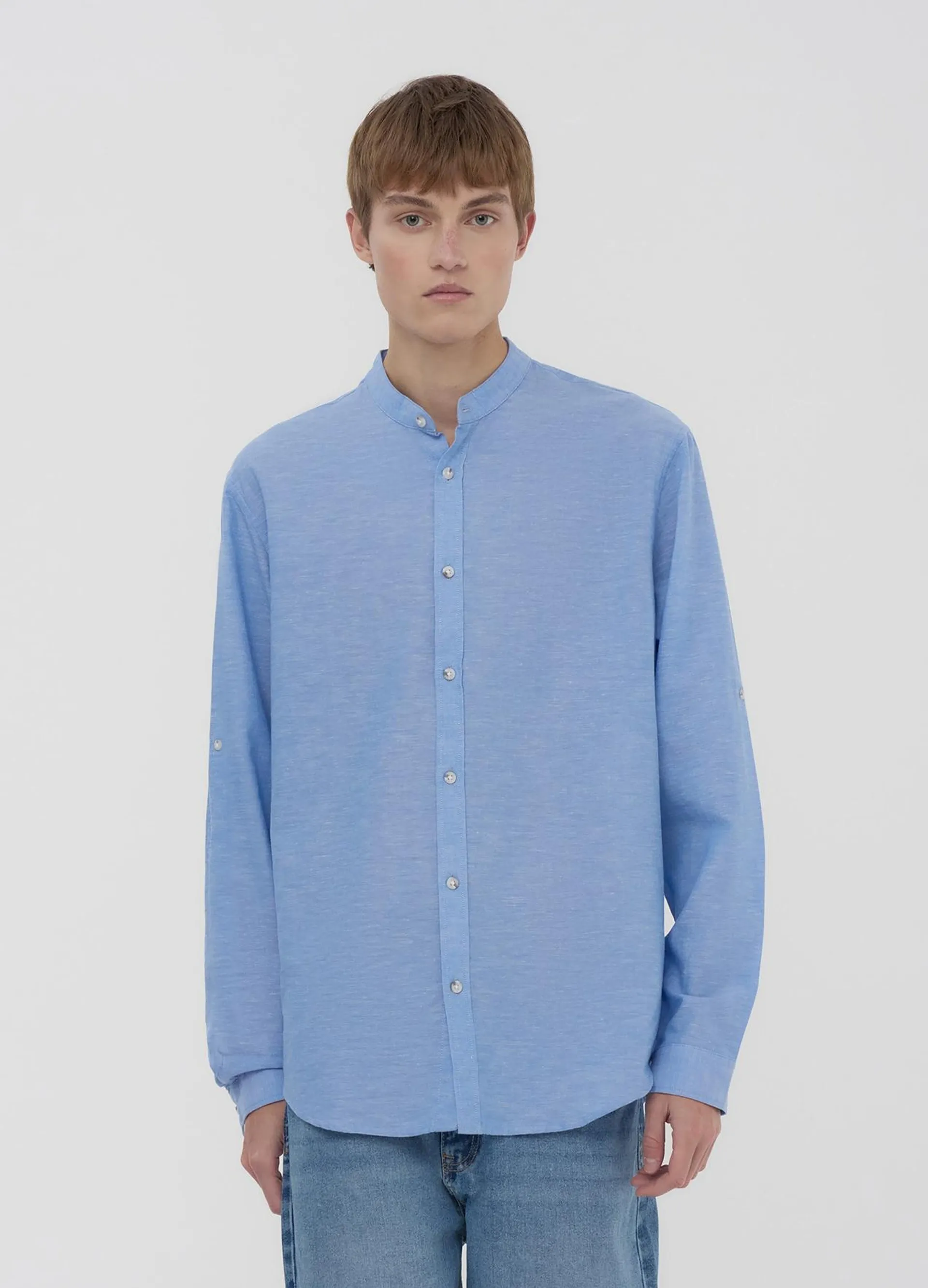 Camicia coreana tessuto leggero melange Azzurro melange