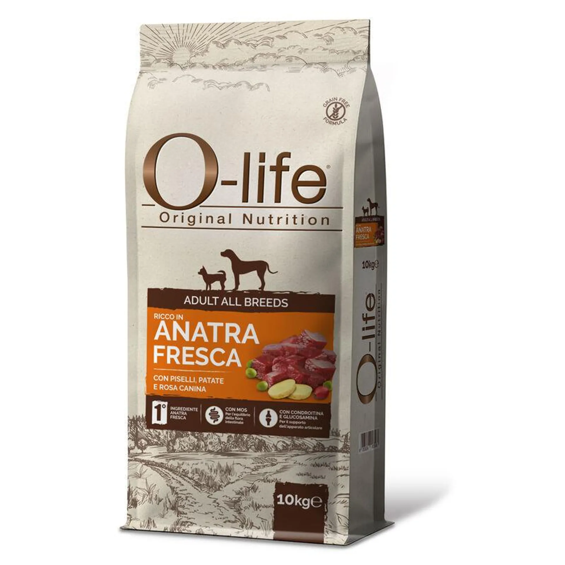 O-life Dog All breeds ricco in Anatra fresca con piselli, patate e rosa canina 10kg