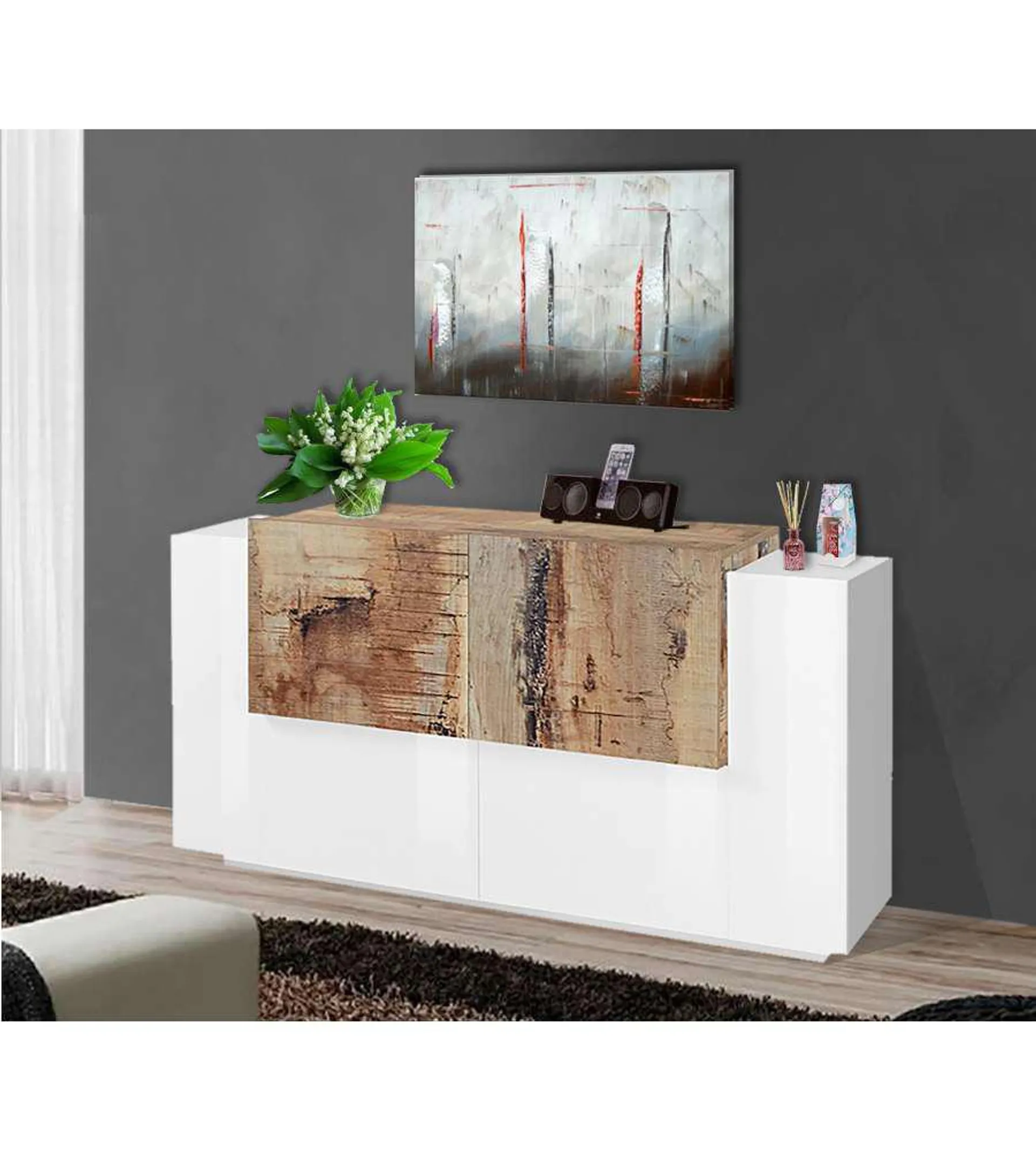 Credenza New Corona Moderna 2 Ante Battenti 2 Ante Battente Bianco Acero Pereira