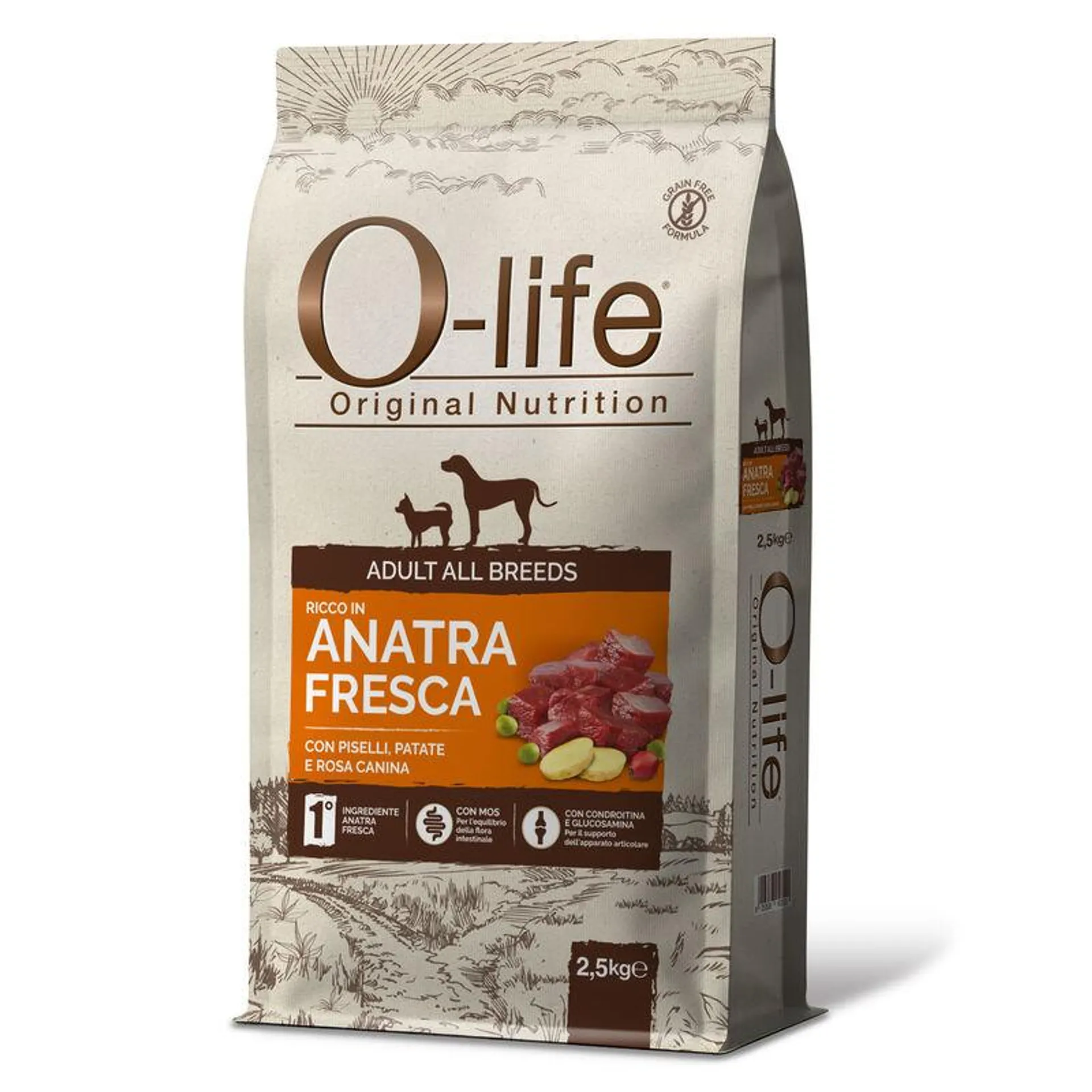 O-life Dog All breeds ricco in Anatra fresca con piselli, patate e rosa canina 2,5 kg