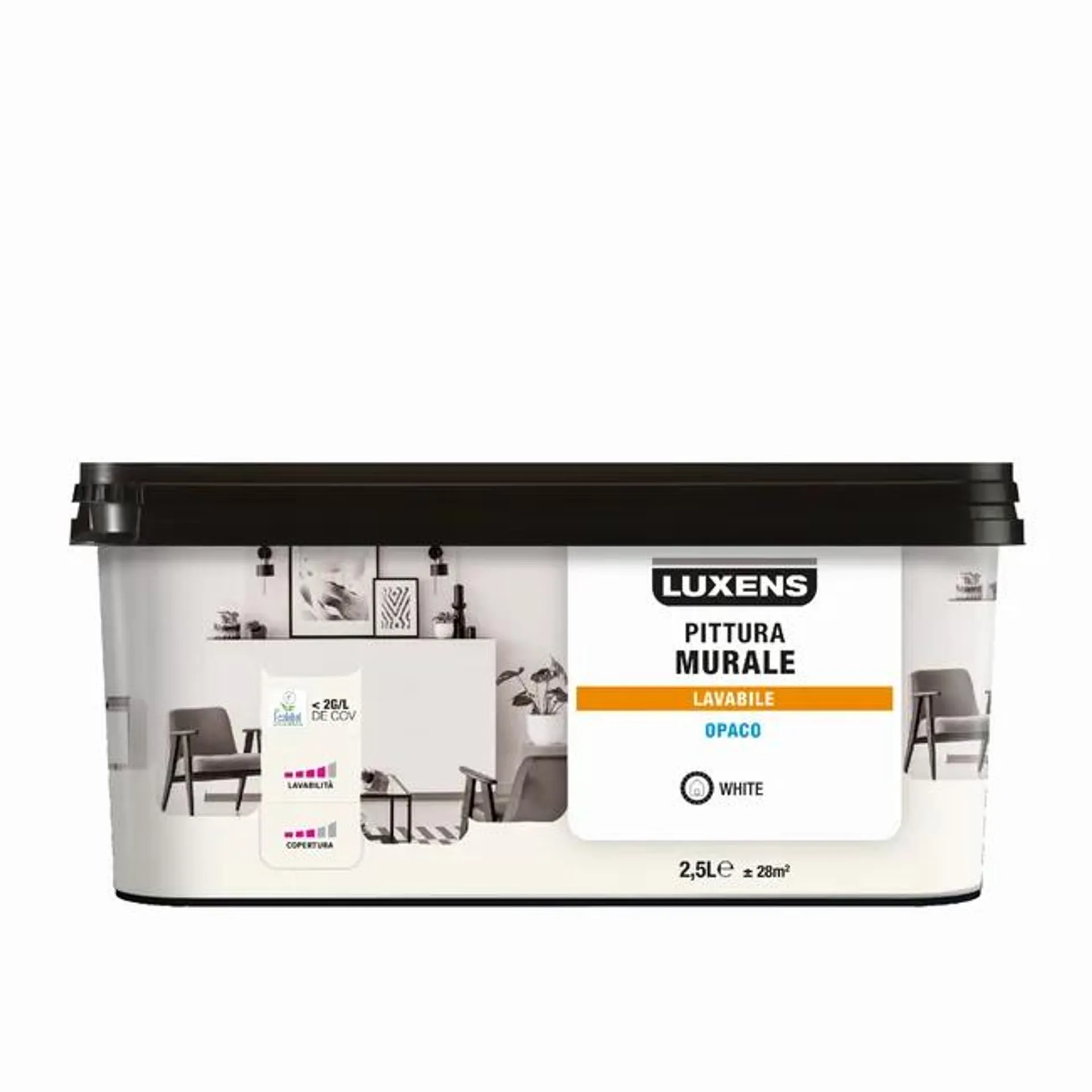 Pittura per interni per parete e soffitto lavabile, LUXENS Opaca bianco white opaco, 2.5 L